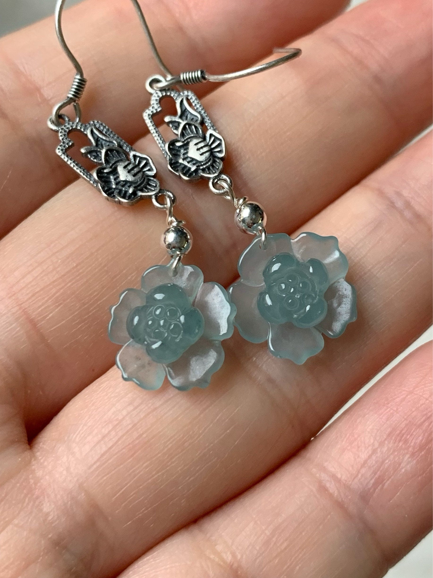 Natural Guatemalan Premium Highly Translucent Sky Blue Jadeite Carved Lotus Flower Dangle Earrings S925 Silver 天然危地马拉正冰天空蓝翡翠莲花银镶耳钩