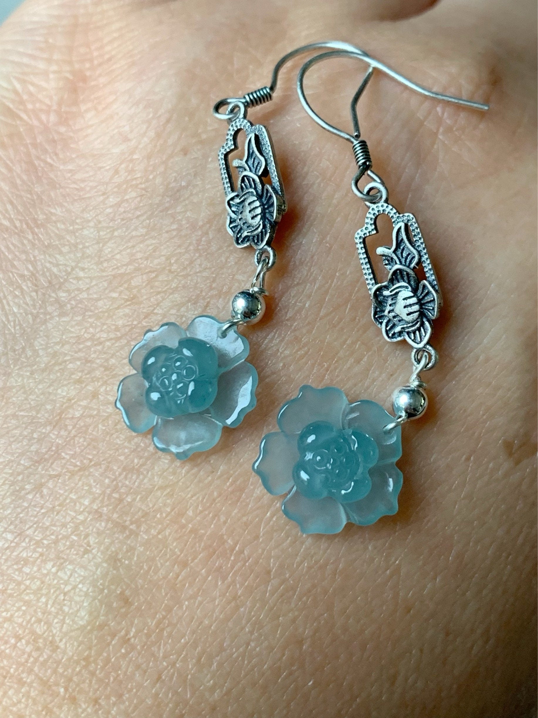 Natural Guatemalan Premium Highly Translucent Sky Blue Jadeite Carved Lotus Flower Dangle Earrings S925 Silver 天然危地马拉正冰天空蓝翡翠莲花银镶耳钩