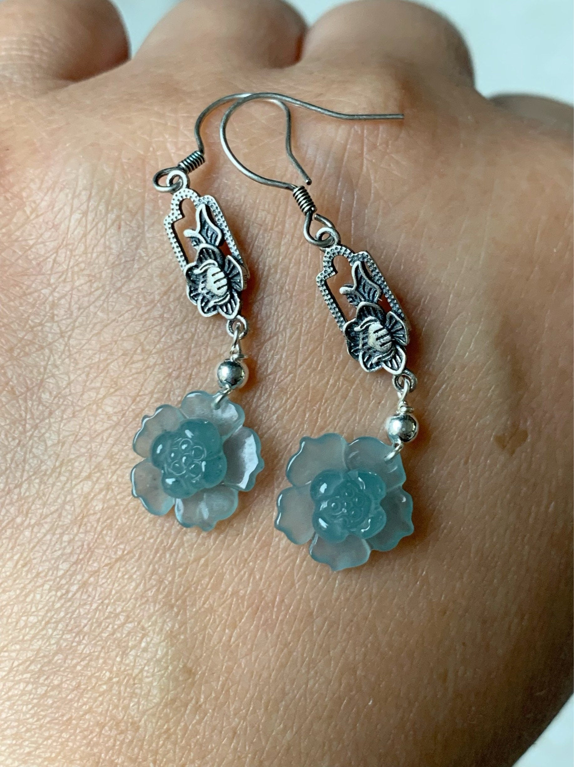 Natural Guatemalan Premium Highly Translucent Sky Blue Jadeite Carved Lotus Flower Dangle Earrings S925 Silver 天然危地马拉正冰天空蓝翡翠莲花银镶耳钩