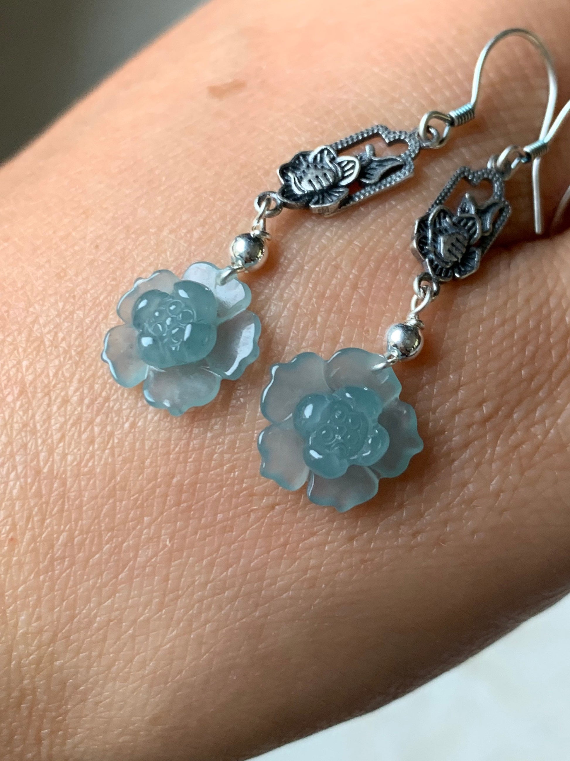 Natural Guatemalan Premium Highly Translucent Sky Blue Jadeite Carved Lotus Flower Dangle Earrings S925 Silver 天然危地马拉正冰天空蓝翡翠莲花银镶耳钩