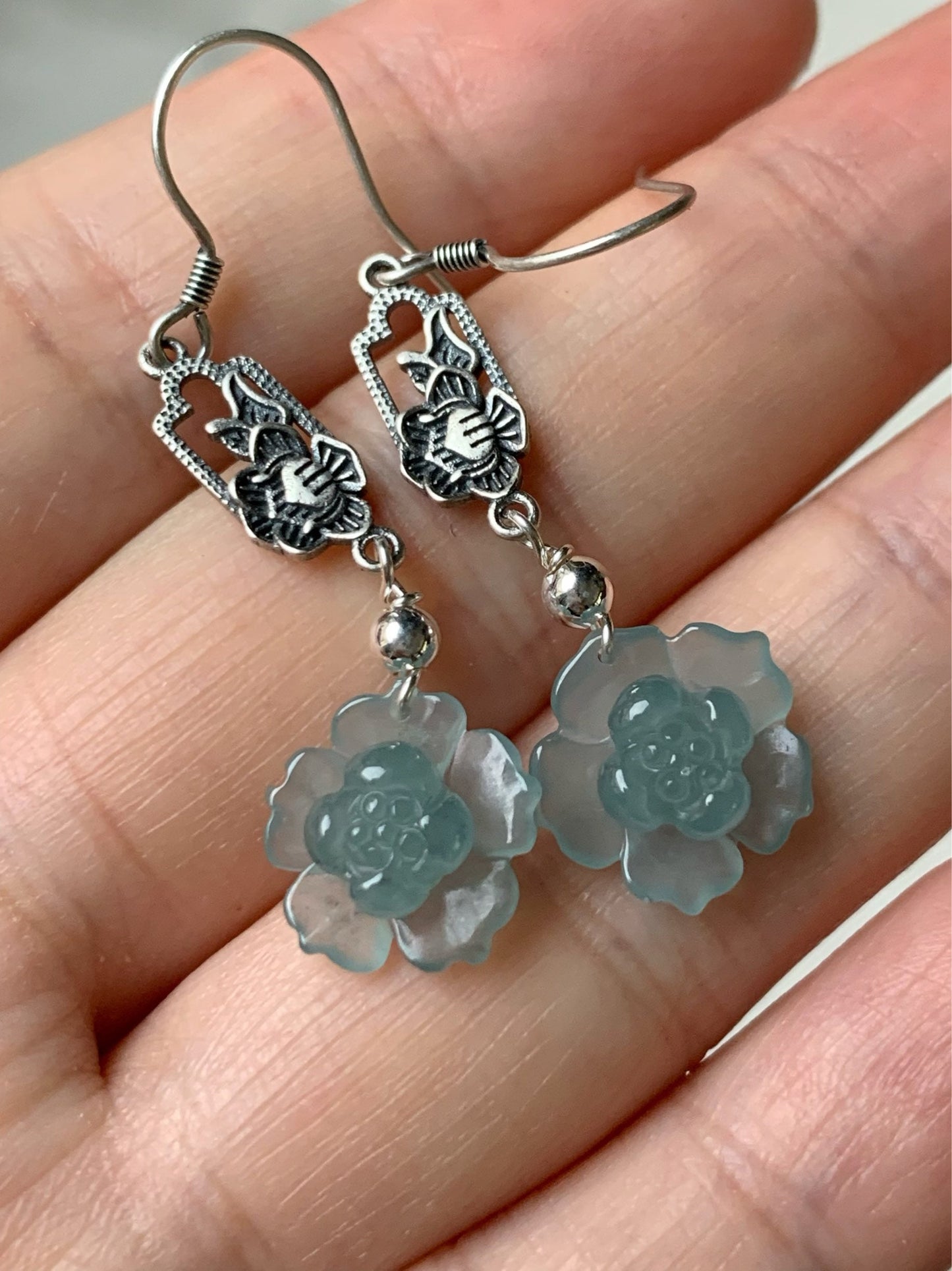 Natural Guatemalan Premium Highly Translucent Sky Blue Jadeite Carved Lotus Flower Dangle Earrings S925 Silver 天然危地马拉正冰天空蓝翡翠莲花银镶耳钩