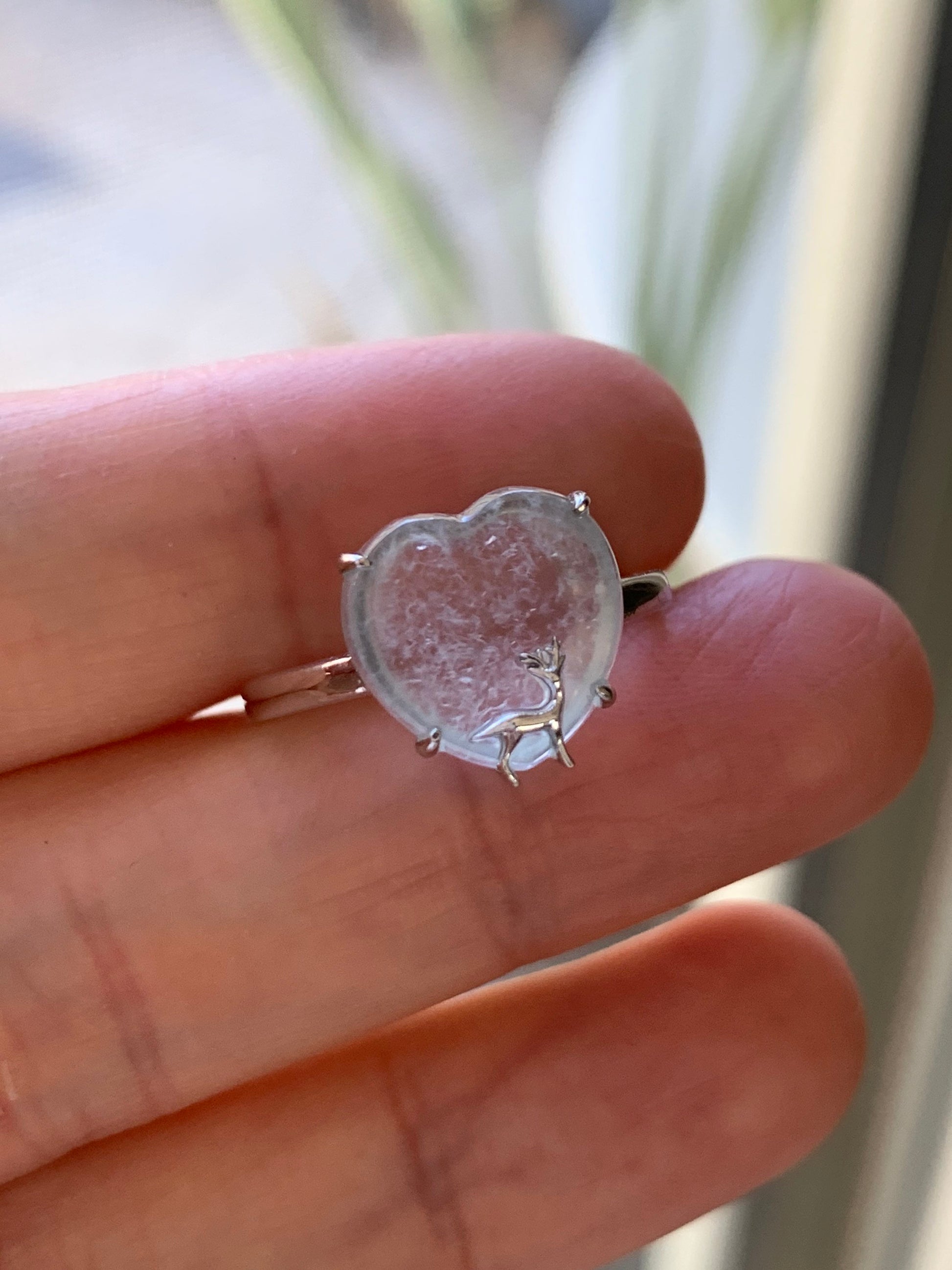 Certified Natural Burmese Premium Transparent Glassy Jadeite Heart Ring 18K White Gold Sz 7 天然缅甸玻璃种起钢翡翠爱心小鹿镶嵌戒指