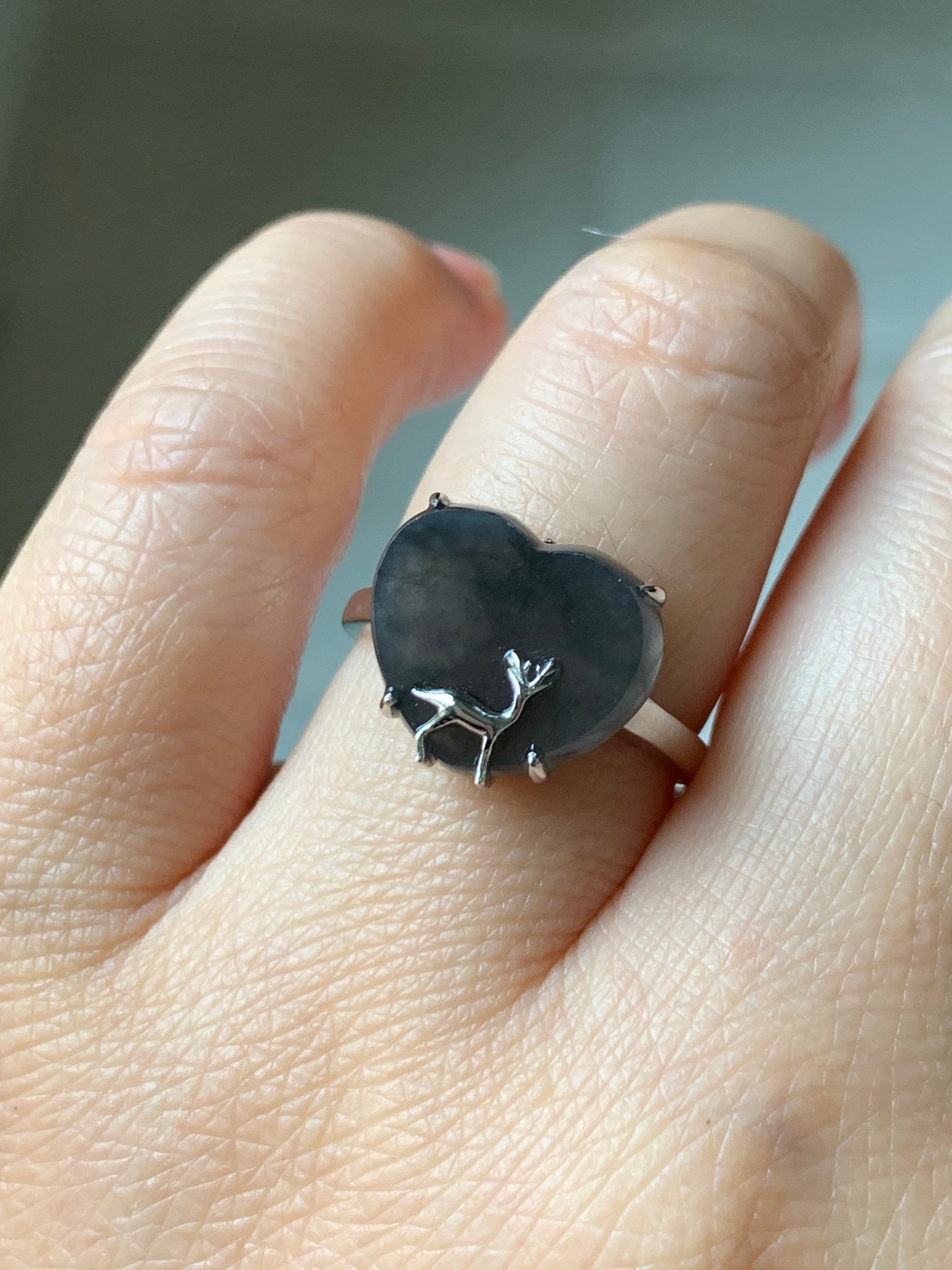 Certified Natural Burmese Premium Translucent Icy Wuji Jadeite Heart Ring w/ Deer Deisgn 18K White Gold Sz 7 天然缅甸冰乌鸡翡翠爱心小鹿镶嵌戒指