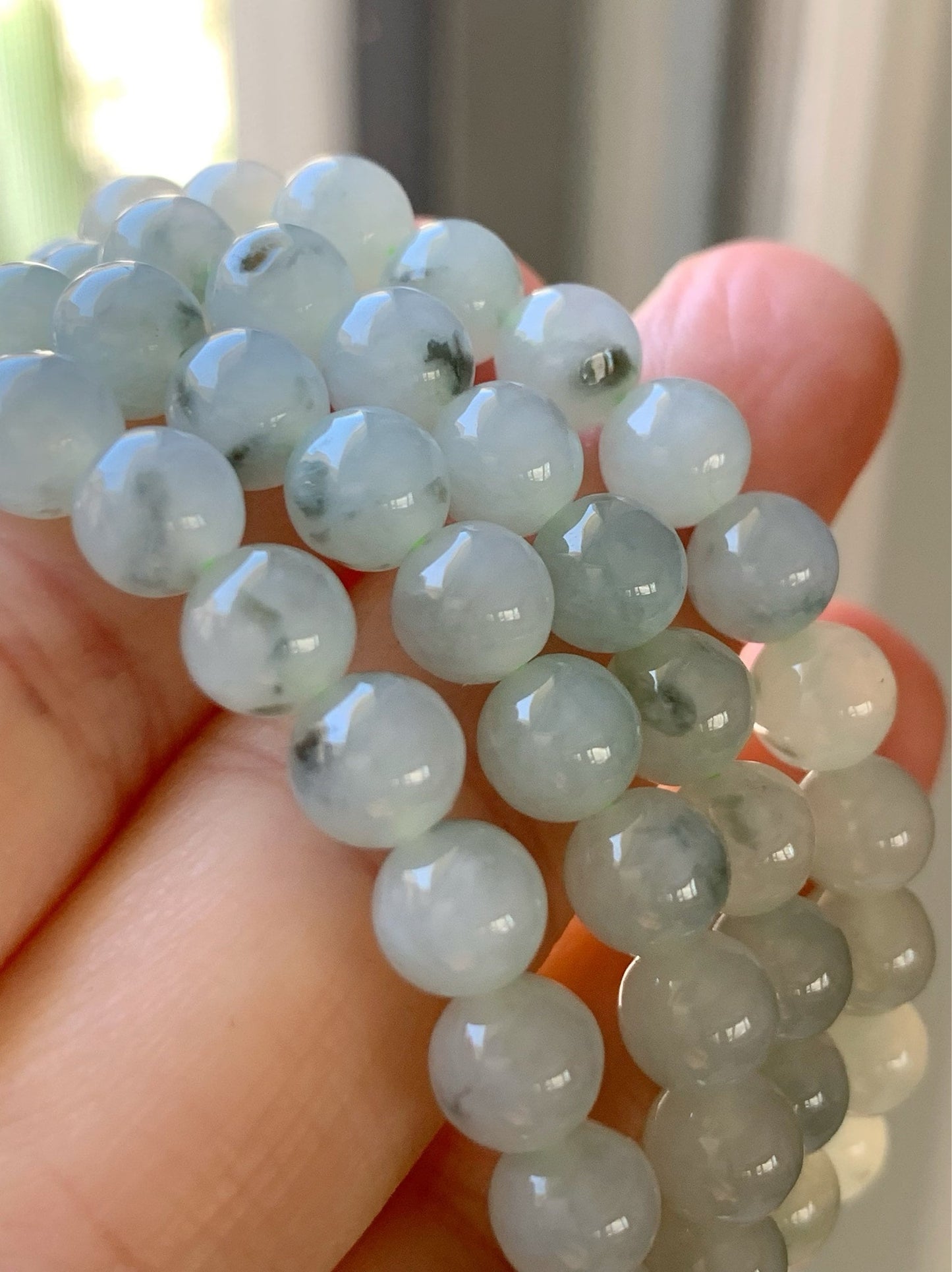 Burmese Natural Icy Highly Translucent Gelatinous Light Green Marbling Jadeite Beaded Necklace 7mm 26” 天然缅甸正冰起胶飘花翡翠长串