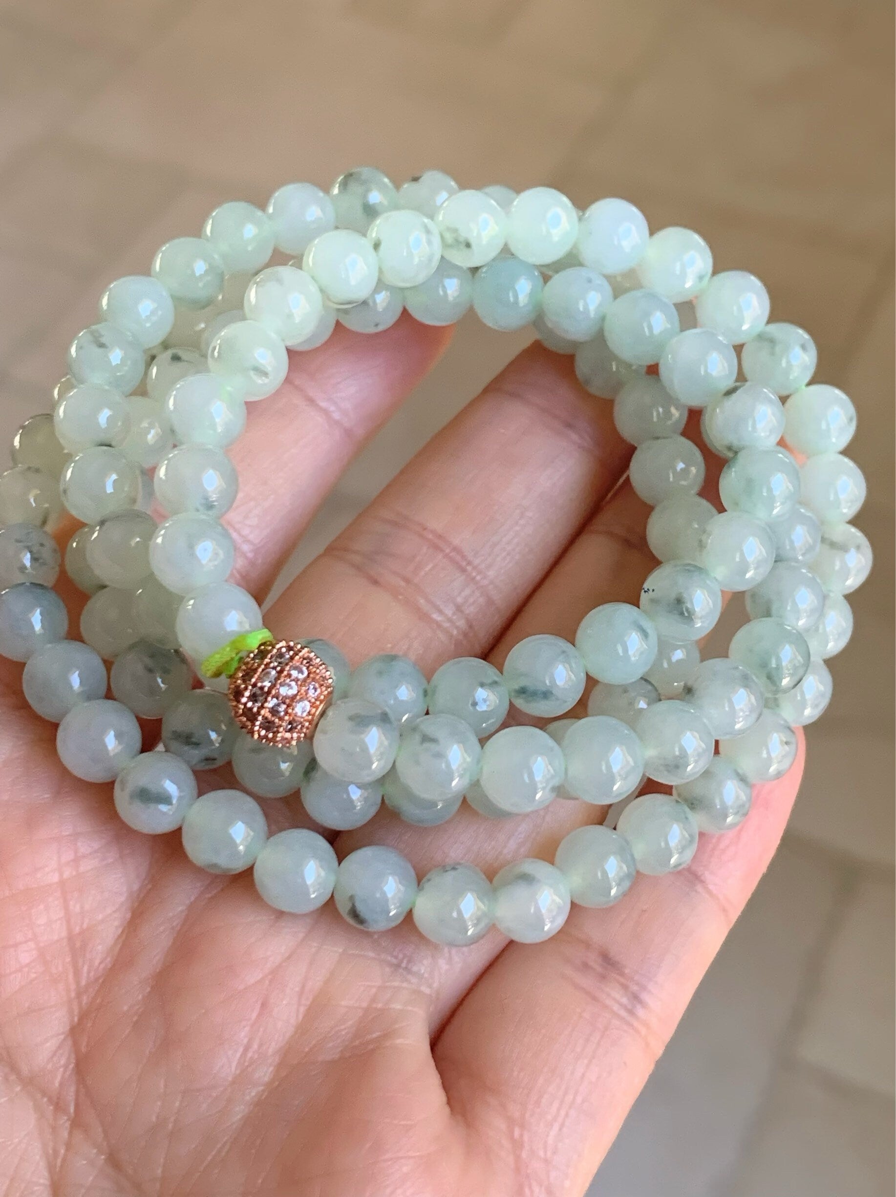 Burmese Natural Icy Highly Translucent Gelatinous Light Green Marbling Jadeite Beaded Necklace 7mm 26” 天然缅甸正冰起胶飘花翡翠长串