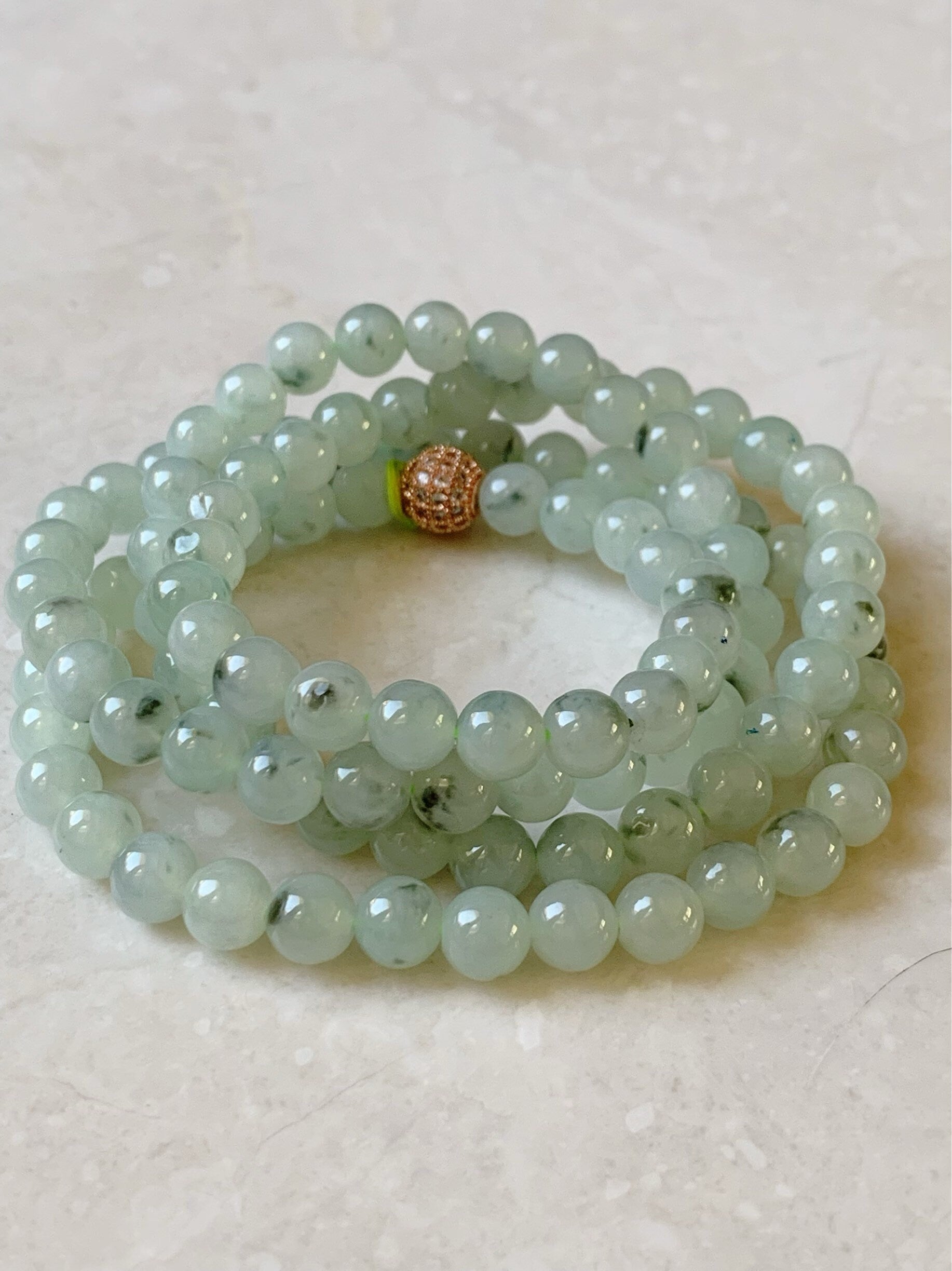 Burmese Natural Icy Highly Translucent Gelatinous Light Green Marbling Jadeite Beaded Necklace 7mm 26” 天然缅甸正冰起胶飘花翡翠长串