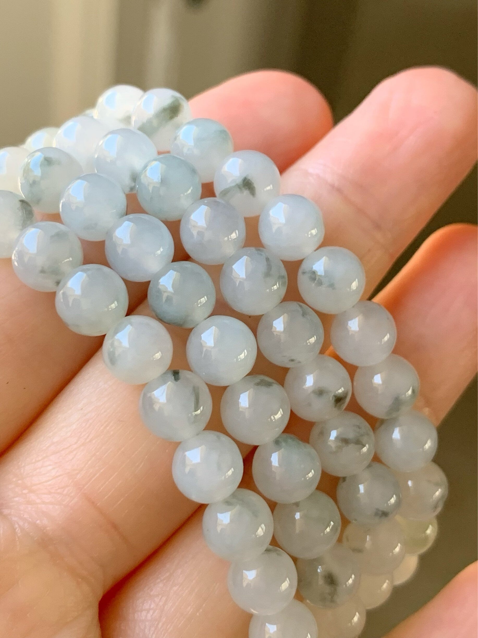 Burmese Natural Icy Highly Translucent Gelatinous Light Green Marbling Jadeite Beaded Necklace 7mm 26” 天然缅甸正冰起胶飘绿花翡翠长串