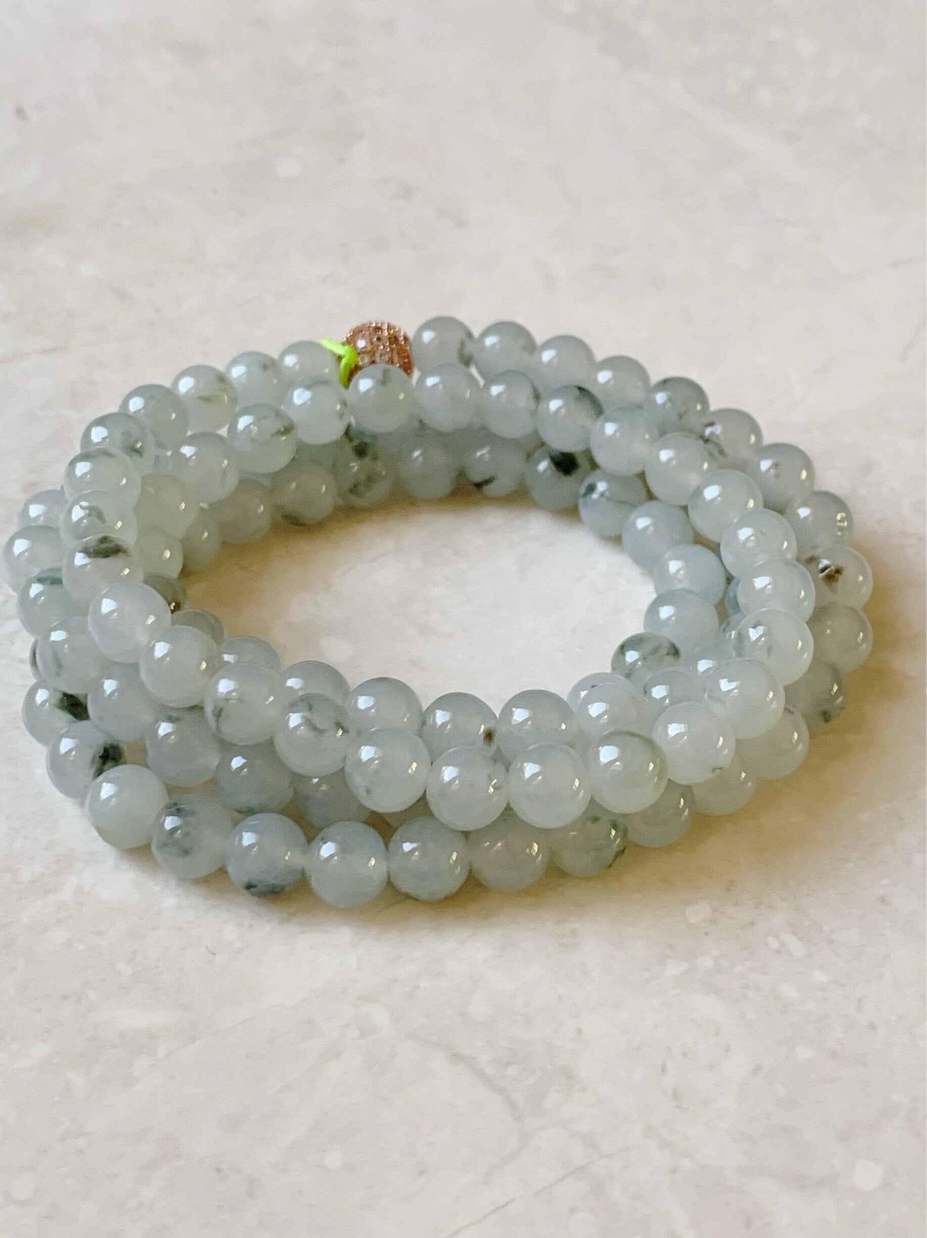 Burmese Natural Icy Highly Translucent Gelatinous Light Green Marbling Jadeite Beaded Necklace 7mm 26” 天然缅甸正冰起胶飘绿花翡翠长串