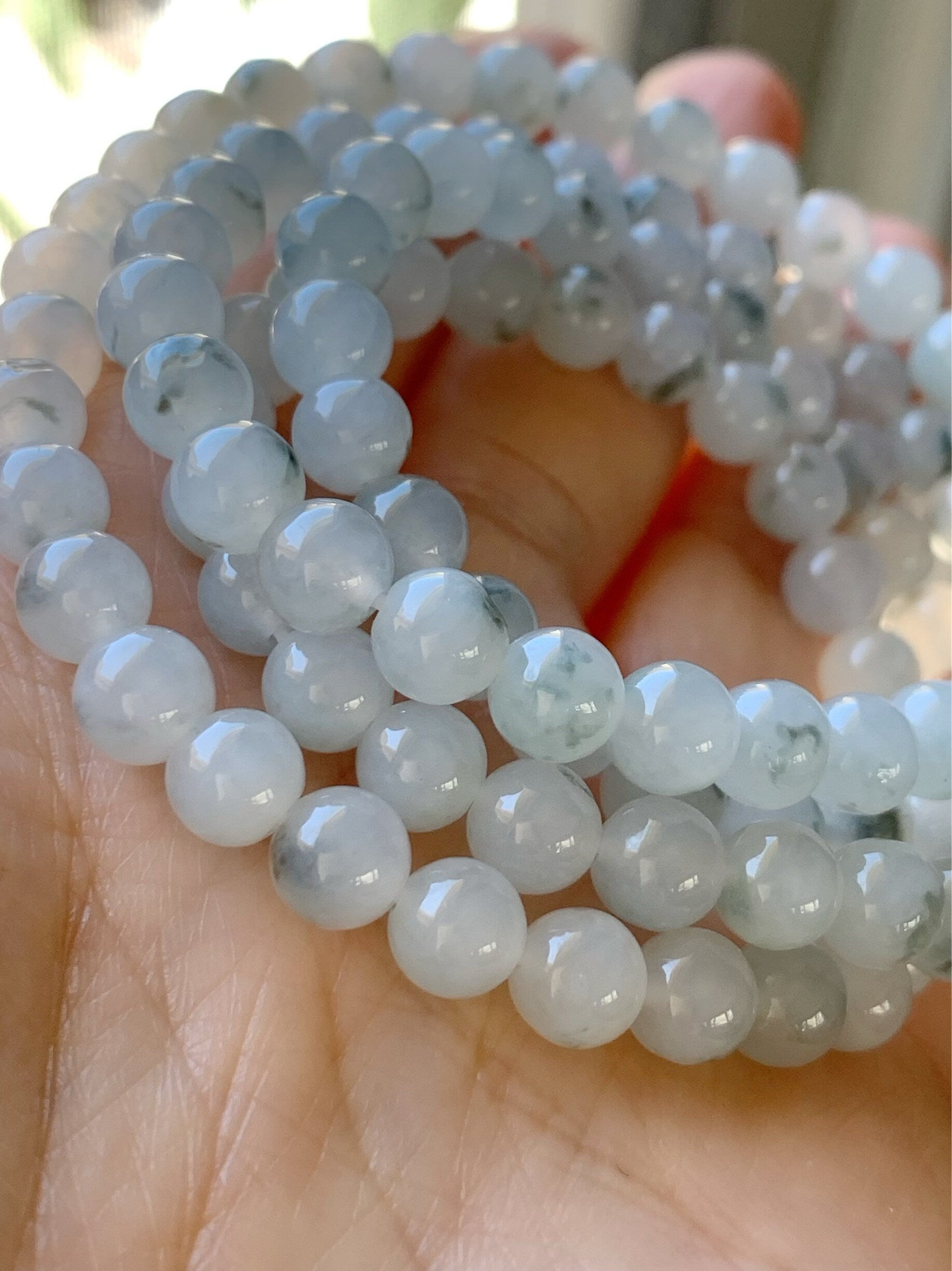 Burmese Natural Icy Highly Translucent Gelatinous Light Green Marbling Jadeite Beaded Necklace 7mm 26” 天然缅甸正冰起胶飘绿花翡翠长串
