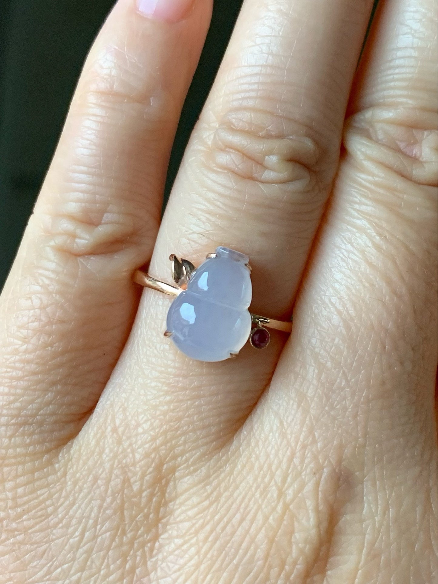Certified Natural Burmese Highly Translucent Gelatinous Pink Jadeite Hulu Gourd Ring 18K Rose Gold sz 7 天然缅甸冰粉起光起胶葫芦翡翠红宝镶嵌戒指