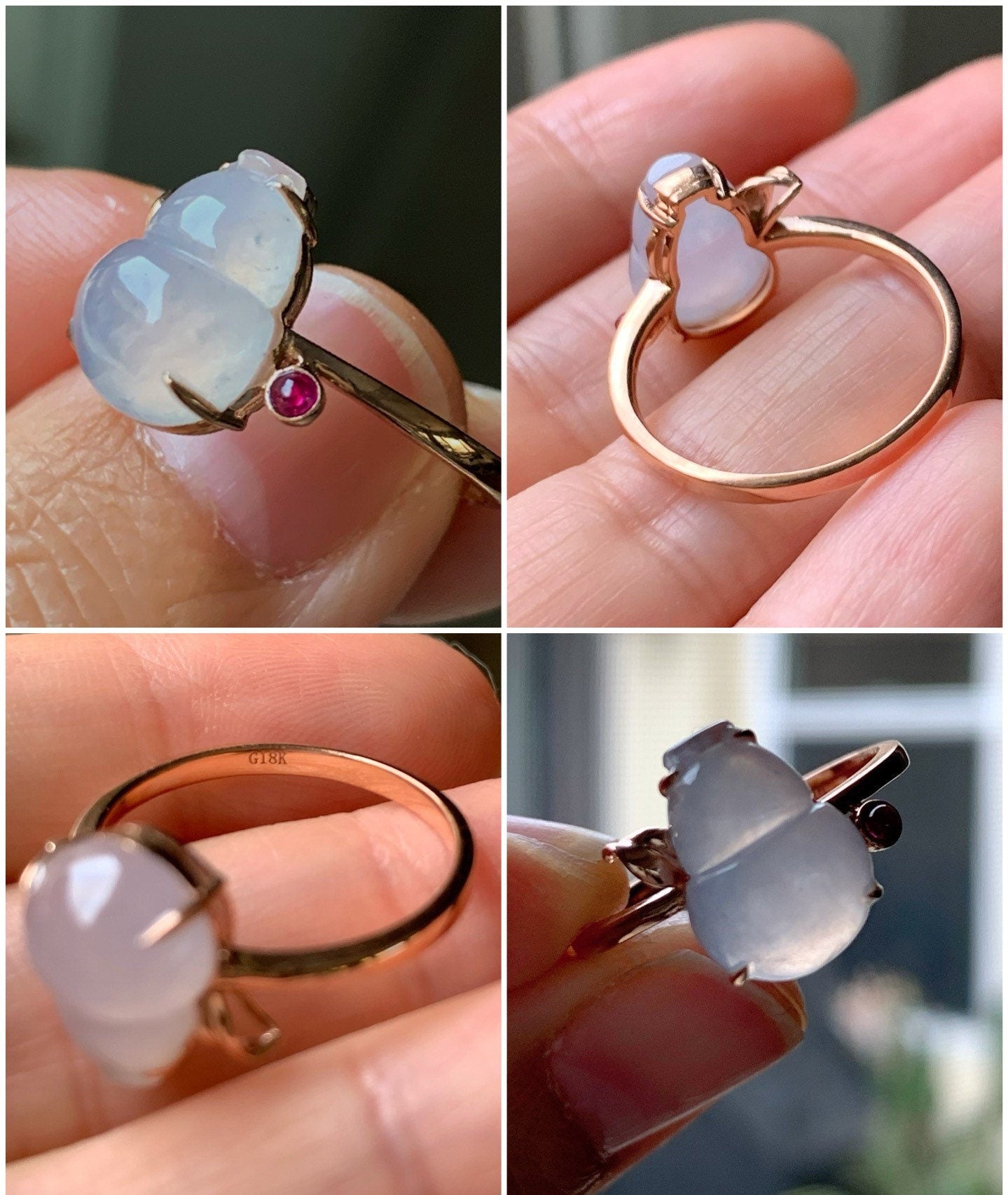 Certified Natural  Highly Translucent Gelatinous Pink Jadeite Hulu Gourd Ring 18K Rose Gold sz 7 天然缅甸冰粉起光起胶葫芦翡翠红宝镶嵌戒指