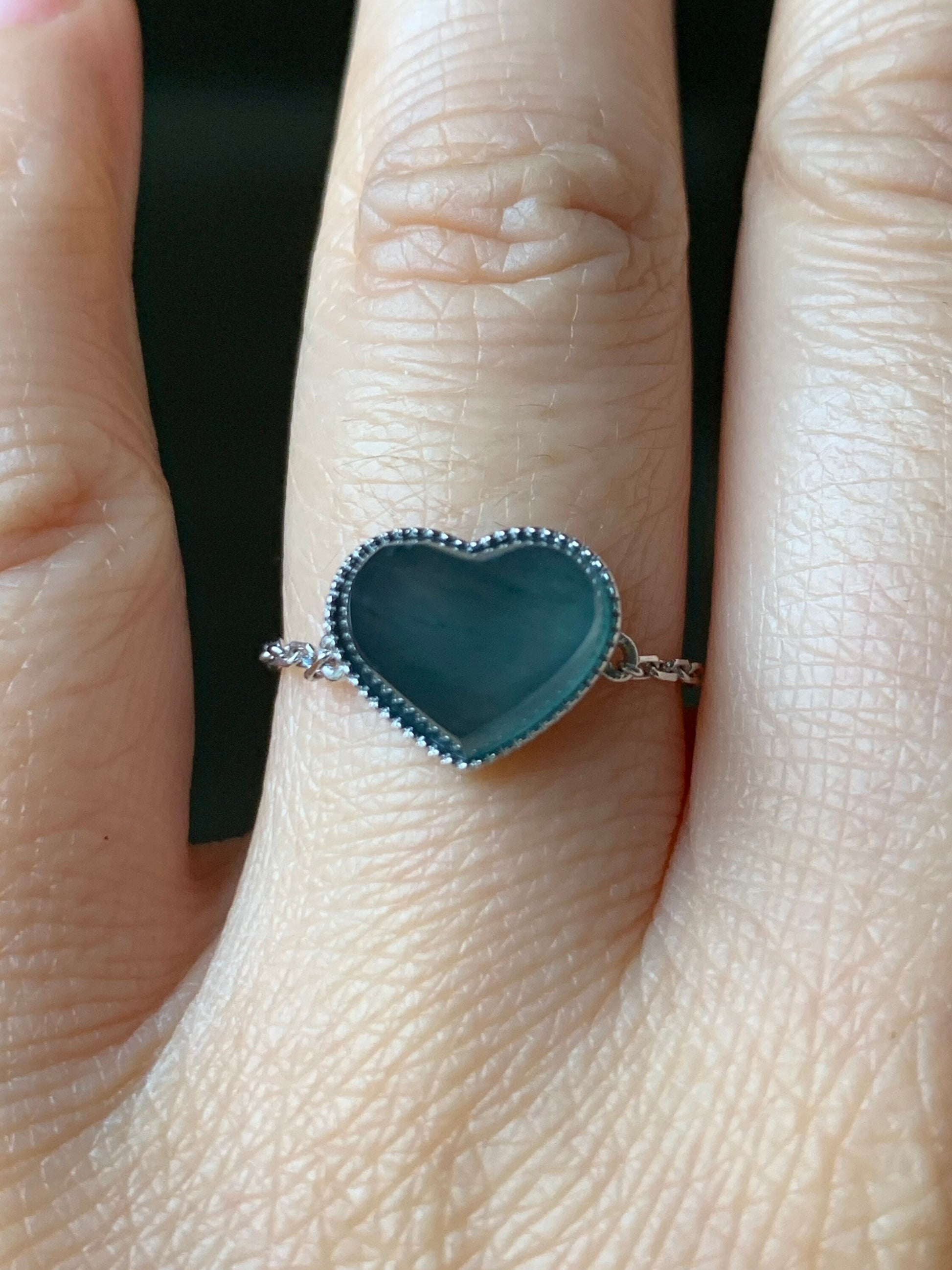 Certified Natural Burmese Translucent Teal Blue Jadeite Faceted Heart Ring w/ adjustable Chain up to size 8 18K White Gold 天然缅甸正冰湖水蓝翡翠爱心镶嵌戒指