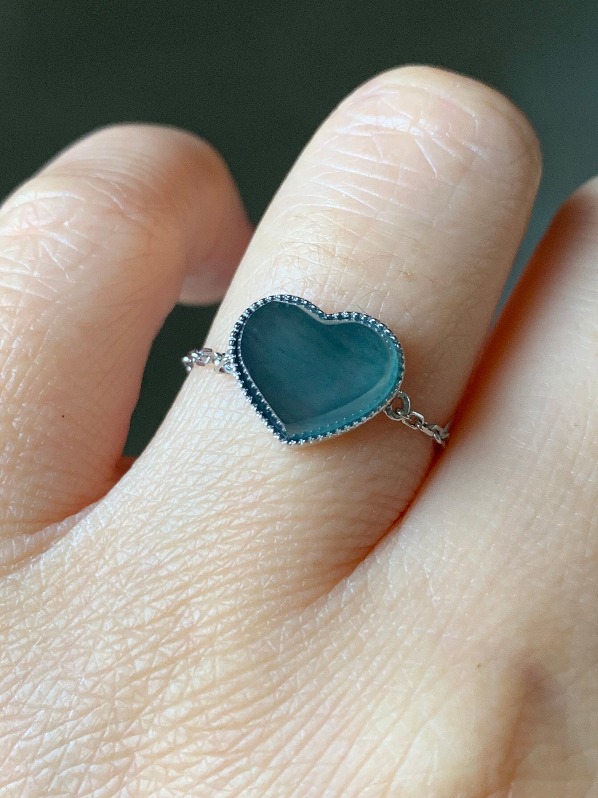Certified Natural Burmese Translucent Teal Blue Jadeite Faceted Heart Ring w/ adjustable Chain up to size 8 18K White Gold 天然缅甸正冰湖水蓝翡翠爱心镶嵌戒指