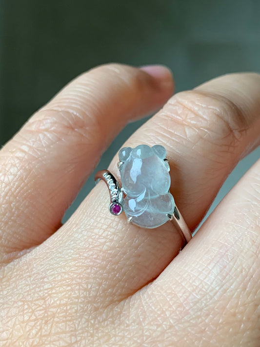 Certified Natural Burmese Transparent White Jadeite Carved Goldfish Diamond & Ruby Ring 18K White Gold sz 7 天然缅甸高冰起钢翡翠金鱼钻石红宝镶嵌戒指