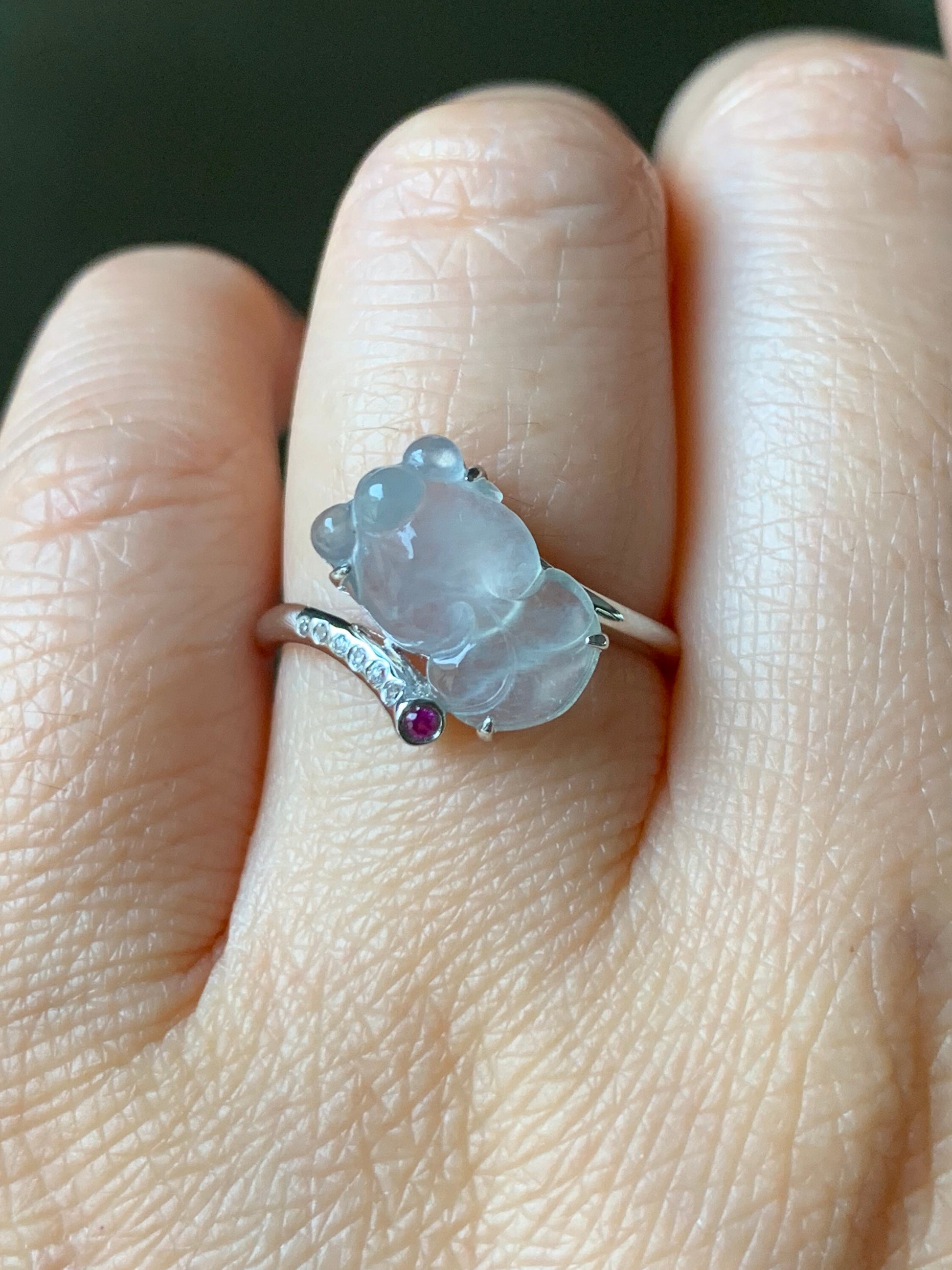 Certified Natural Burmese Transparent White Jadeite Carved Goldfish Diamond & Ruby Ring 18K White Gold sz 7 天然缅甸高冰起钢翡翠金鱼钻石红宝镶嵌戒指