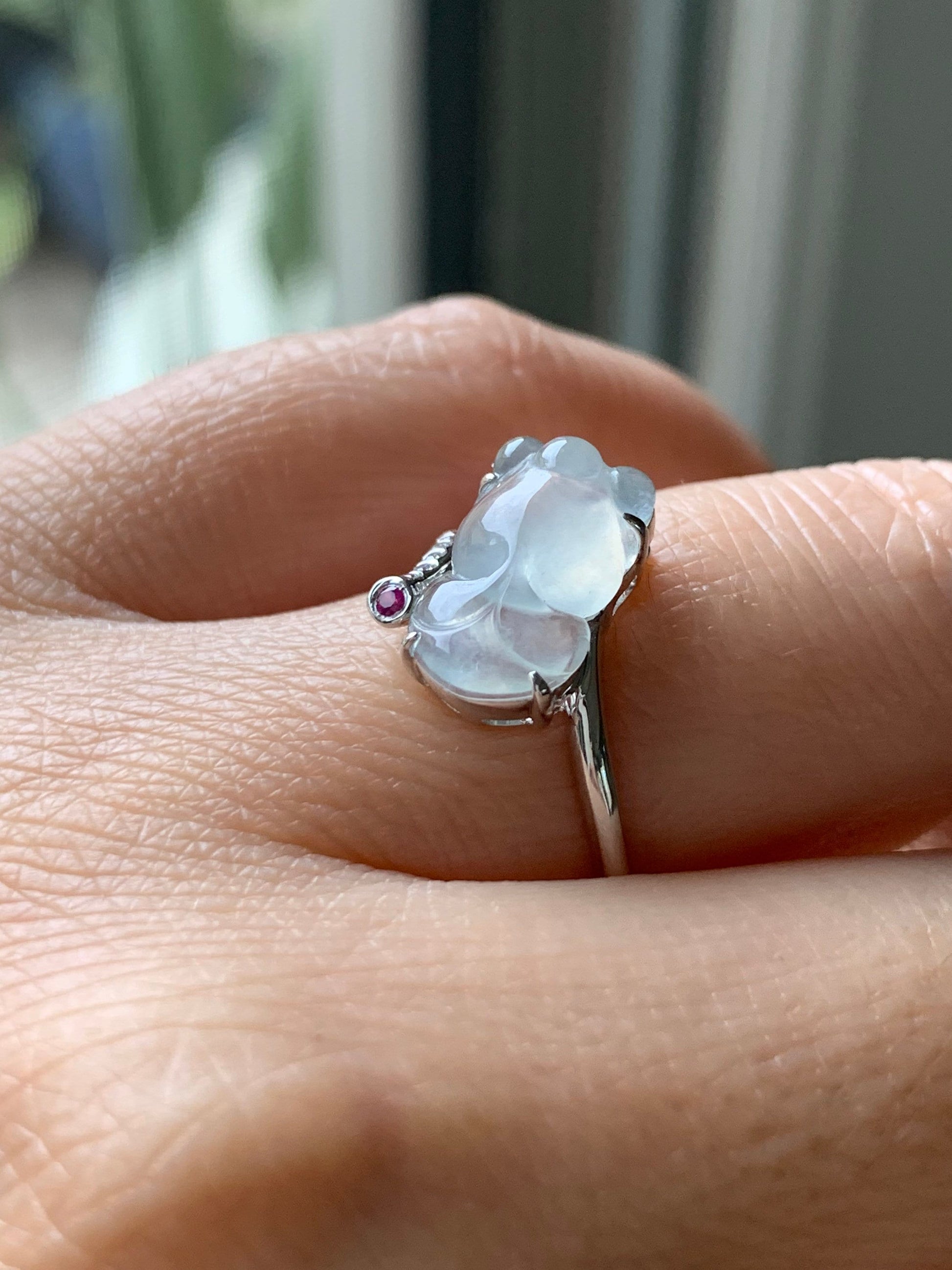 Certified Natural Burmese Transparent White Jadeite Carved Goldfish Diamond & Ruby Ring 18K White Gold sz 7 天然缅甸高冰起钢翡翠金鱼钻石红宝镶嵌戒指