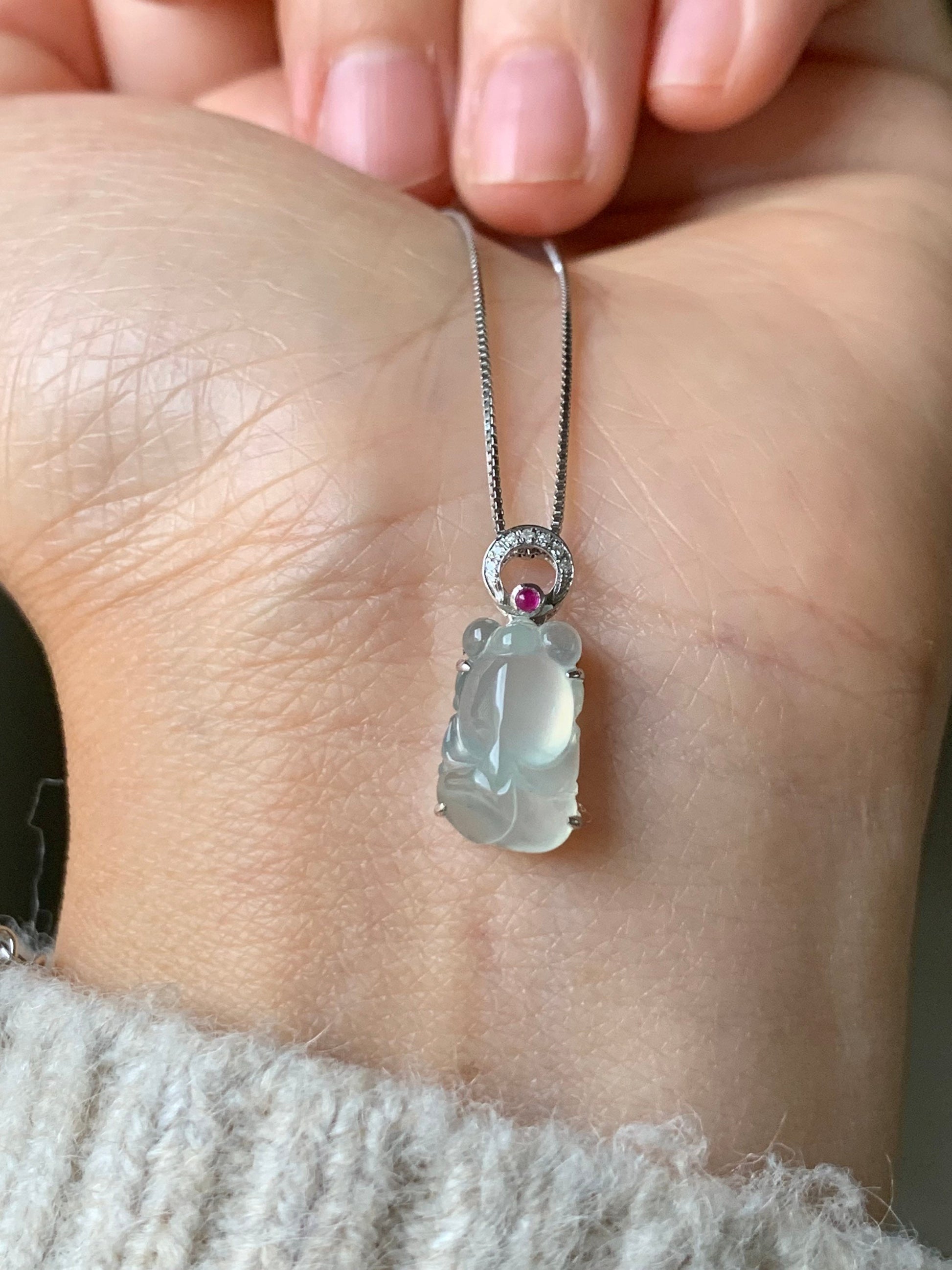 Certified Natural Burmese Icy Highly Translucent Gelatinous Jadeite Goldfish Diamond & Ruby Pendant 18K White Gold 天然缅甸冰胶起光翡翠金鱼钻石红宝镶嵌吊坠
