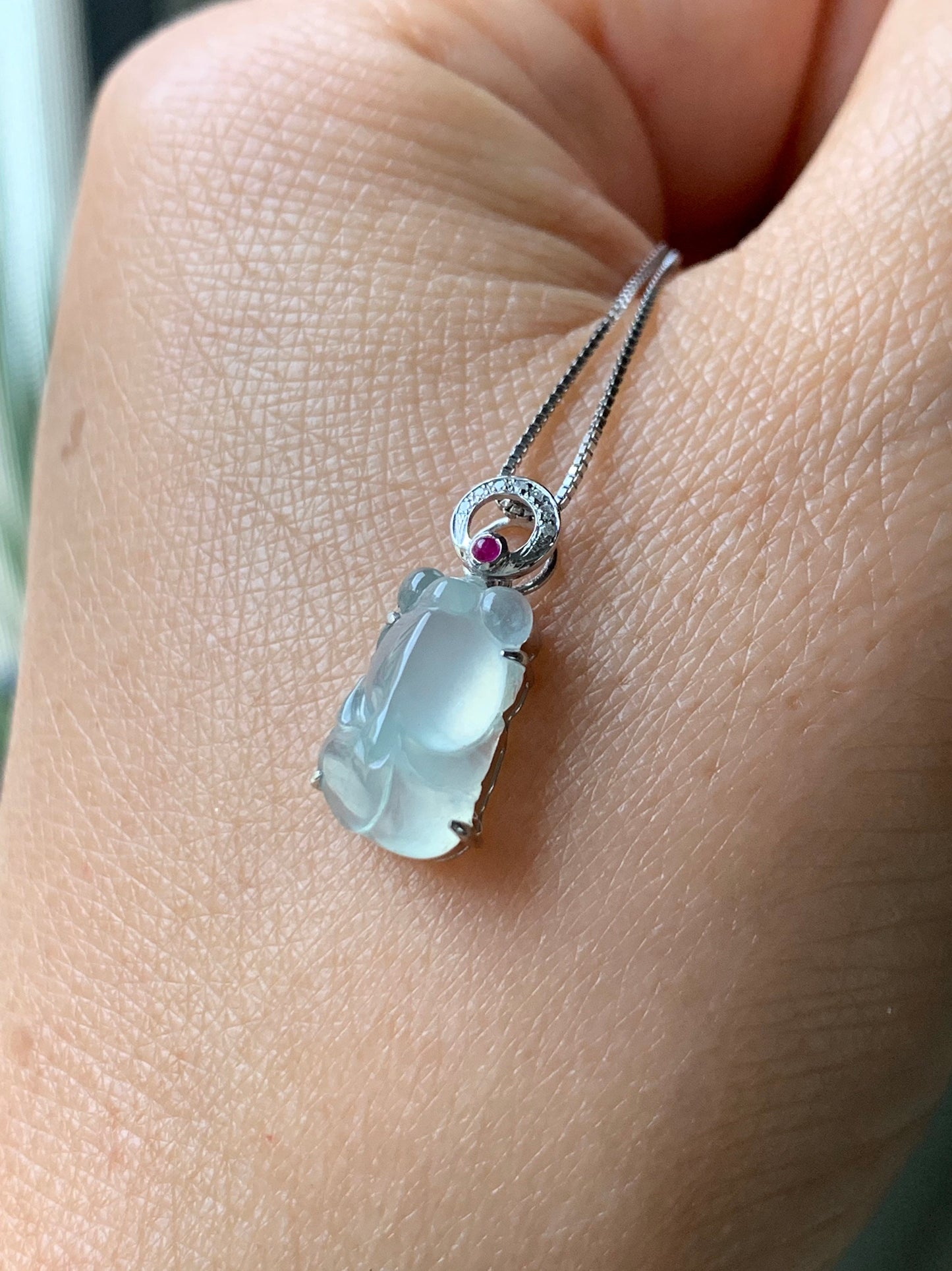 Certified Natural Burmese Icy Highly Translucent Gelatinous Jadeite Goldfish Diamond & Ruby Pendant 18K White Gold 天然缅甸冰胶起光翡翠金鱼钻石红宝镶嵌吊坠
