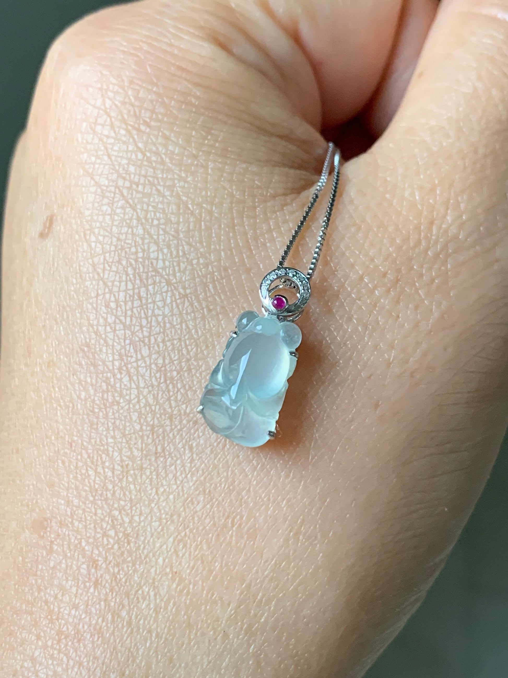 Certified Natural Burmese Icy Highly Translucent Gelatinous Jadeite Goldfish Diamond & Ruby Pendant 18K White Gold 天然缅甸冰胶起光翡翠金鱼钻石红宝镶嵌吊坠