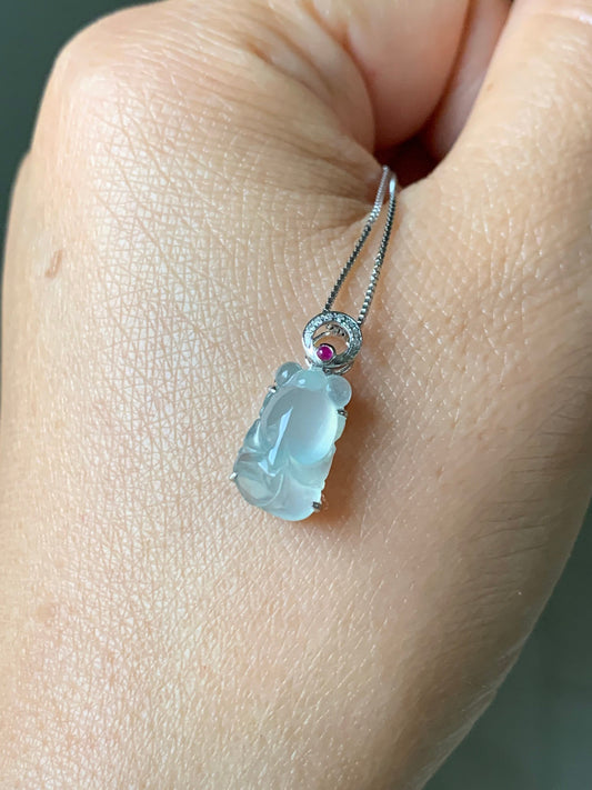 Certified Natural Burmese Icy Highly Translucent Gelatinous Jadeite Goldfish Diamond & Ruby Pendant 18K White Gold 天然缅甸冰胶起光翡翠金鱼钻石红宝镶嵌吊坠