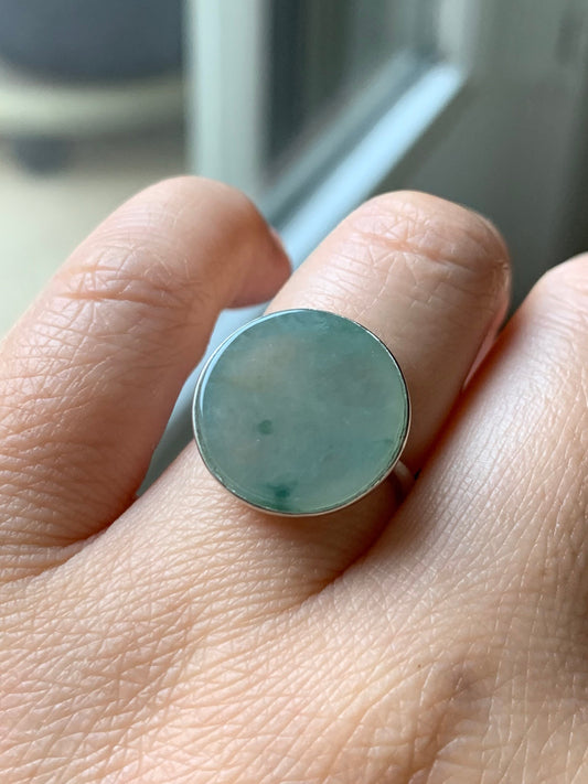 Huge Natural Burmese Icy Translucent Gelatinous Light Green w/ Green Marbling Jadeite Ring S925 Silver Size Adjustable 天然缅甸晴绿飘花翡翠无事牌银镶戒指 WSP