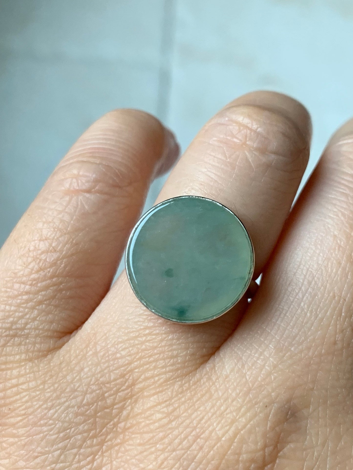 Huge Natural Burmese Icy Translucent Gelatinous Light Green w/ Green Marbling Jadeite Ring S925 Silver Size Adjustable 天然缅甸晴绿飘花翡翠无事牌银镶戒指 WSP