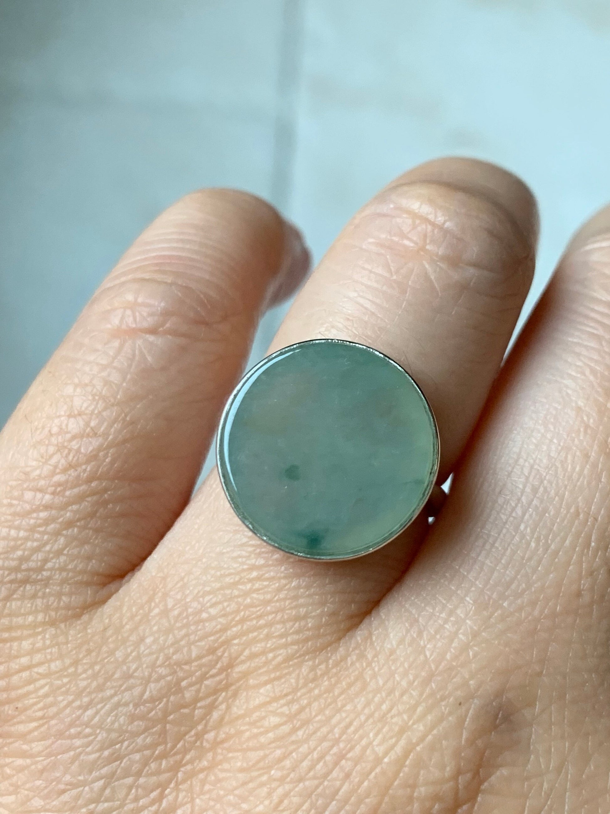 Huge Natural Burmese Icy Translucent Gelatinous Light Green w/ Green Marbling Jadeite Ring S925 Silver Size Adjustable 天然缅甸晴绿飘花翡翠无事牌银镶戒指 WSP