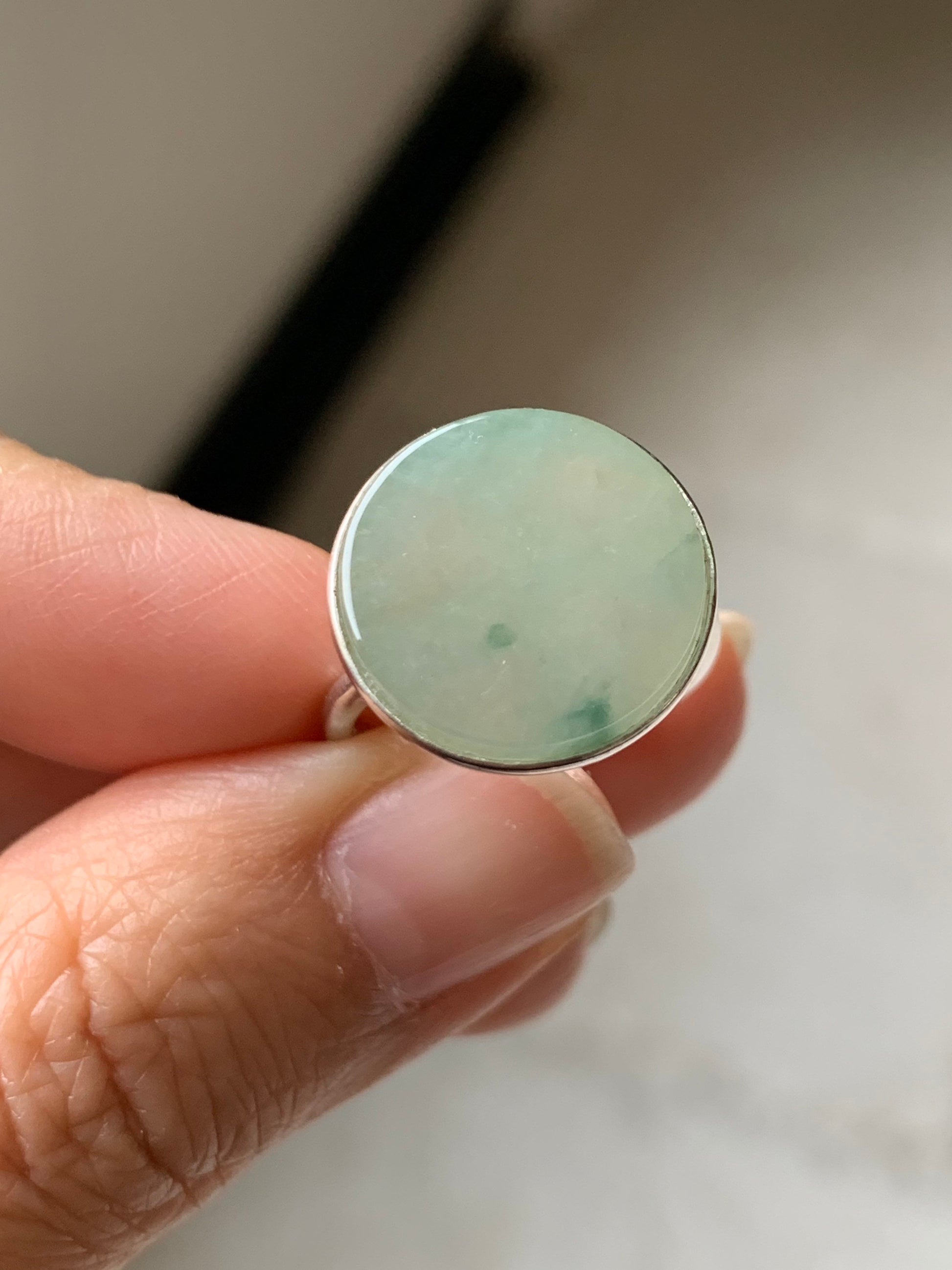 Huge Natural Burmese Icy Translucent Gelatinous Light Green w/ Green Marbling Jadeite Ring S925 Silver Size Adjustable 天然缅甸晴绿飘花翡翠无事牌银镶戒指 WSP