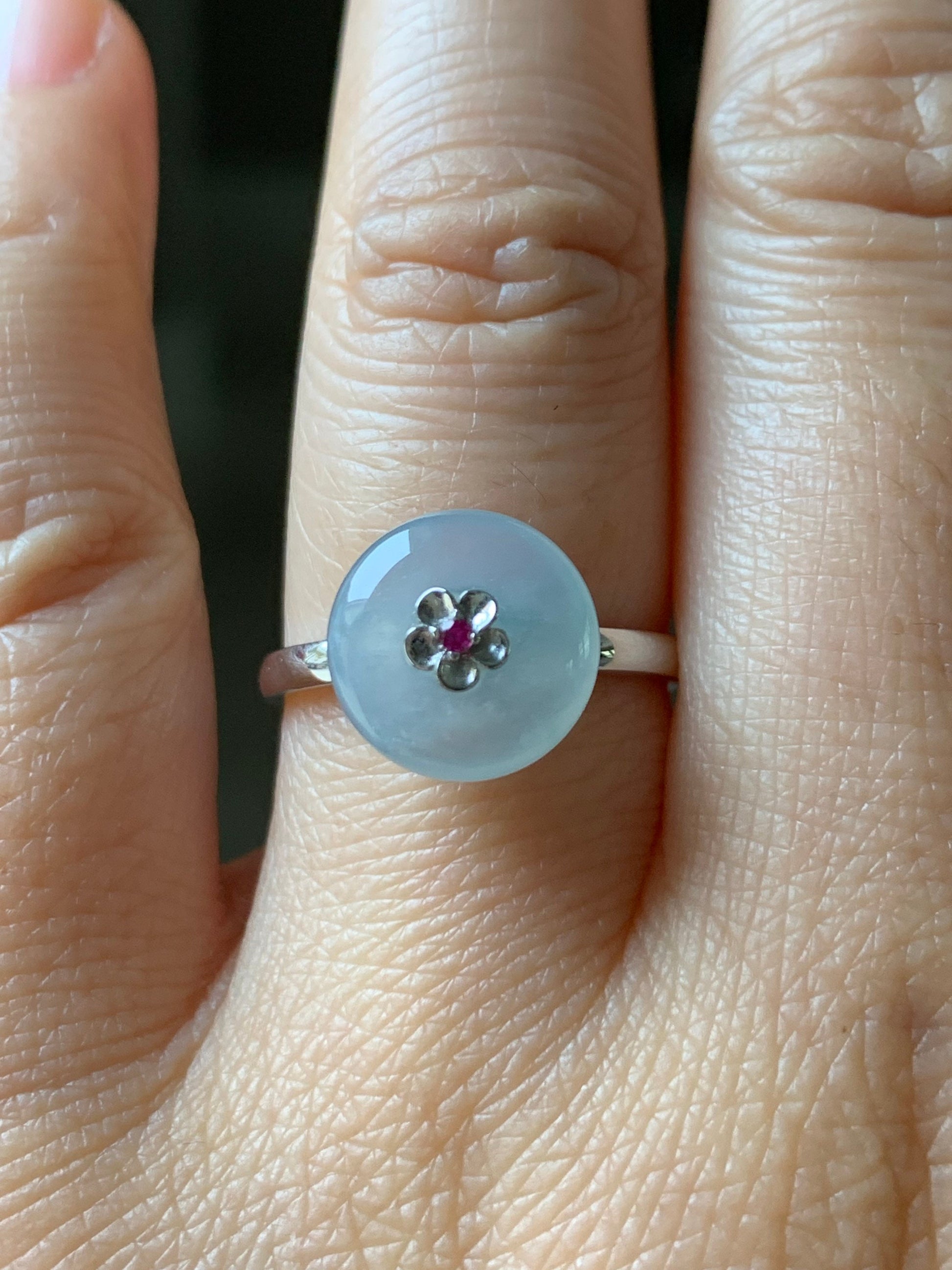 Certified Burmese Icy Highly Translucent Gelatinous Sky Blue Jadeite Button Ring 18K White Gold with Ruby Sz 7 天然缅甸正冰天空蓝平安扣翡翠红宝石镶嵌戒指
