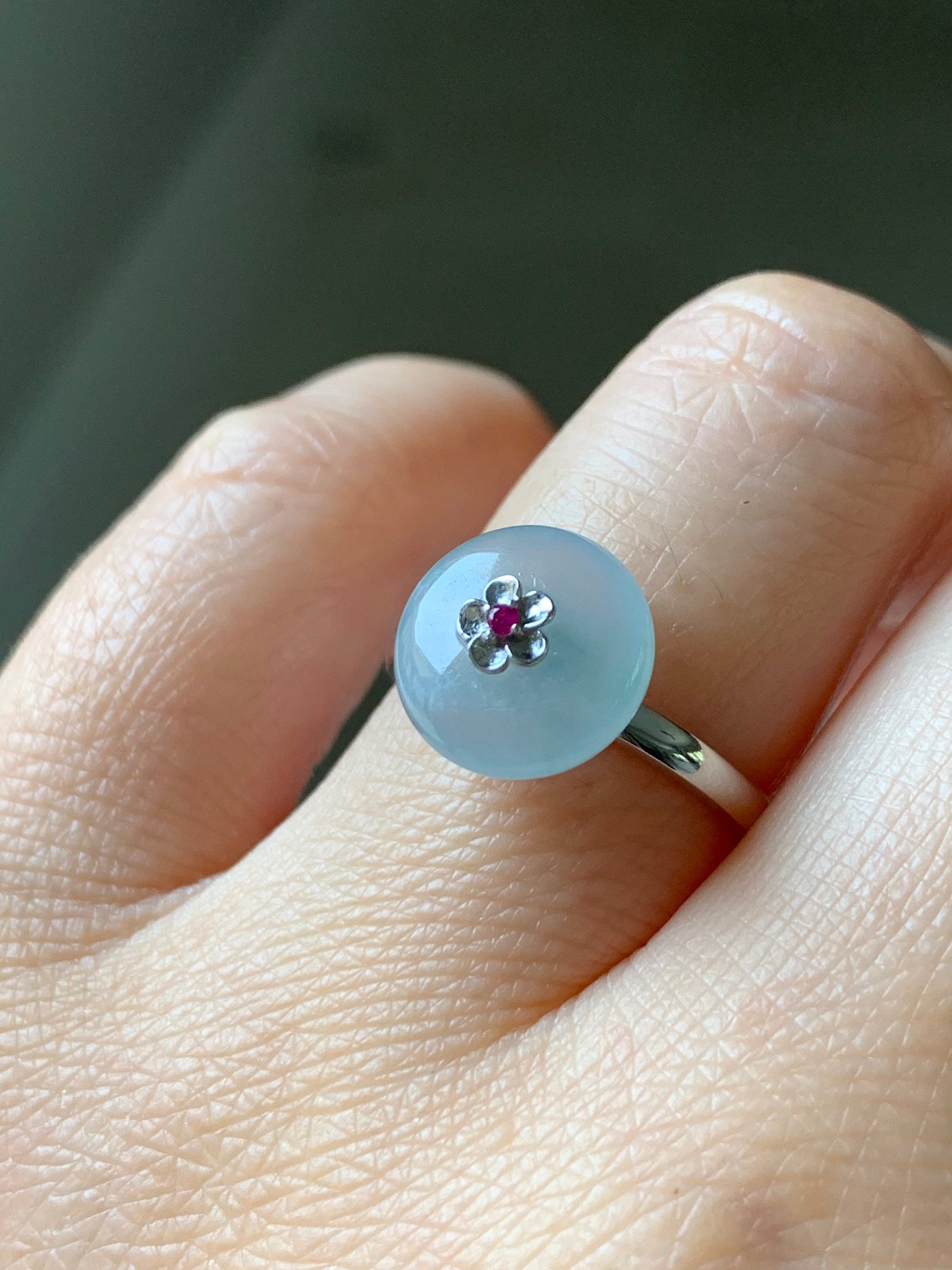 Certified Burmese Icy Highly Translucent Gelatinous Sky Blue Jadeite Button Ring 18K White Gold with Ruby Sz 7 天然缅甸正冰天空蓝平安扣翡翠红宝石镶嵌戒指