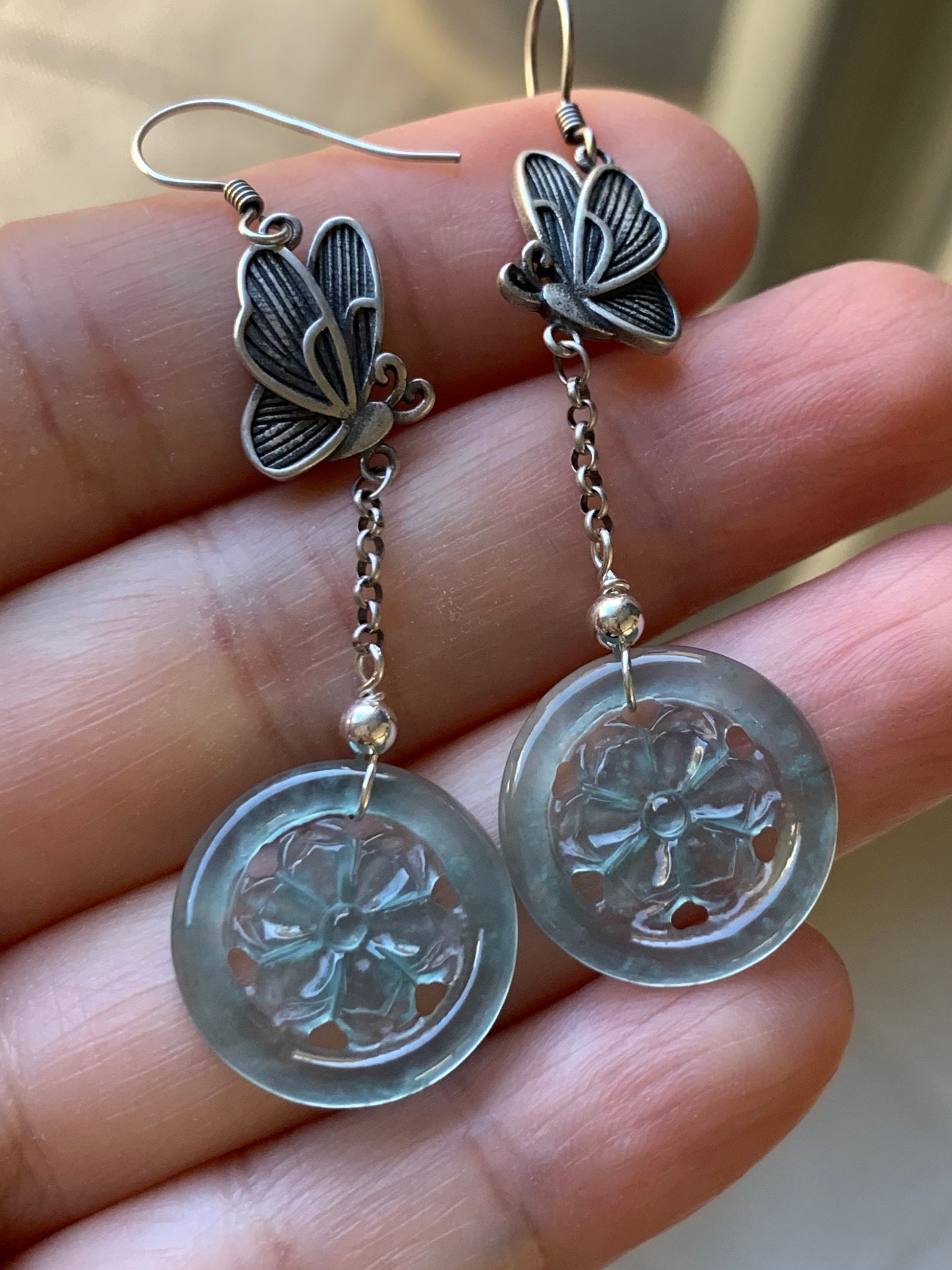 Natural Guatemalan Icy Highly Translucent Sky Blue Jadeite Carved Flower Dangle Earrings S925 Silver 天然危地马拉正高冰天空蓝翡翠银镶耳钩