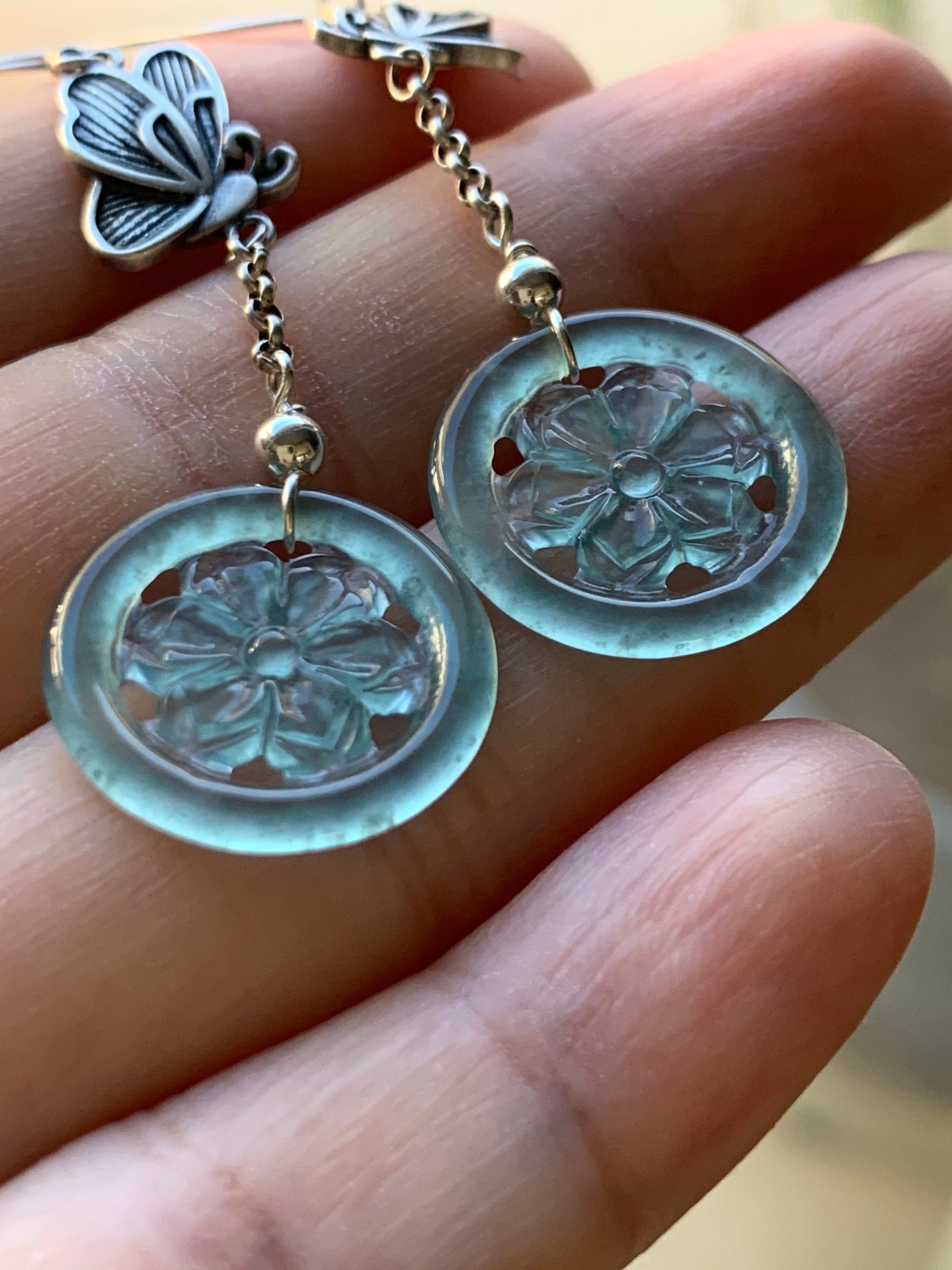 Natural Guatemalan Icy Highly Translucent Sky Blue Jadeite Carved Flower Dangle Earrings S925 Silver 天然危地马拉正高冰天空蓝翡翠银镶耳钩