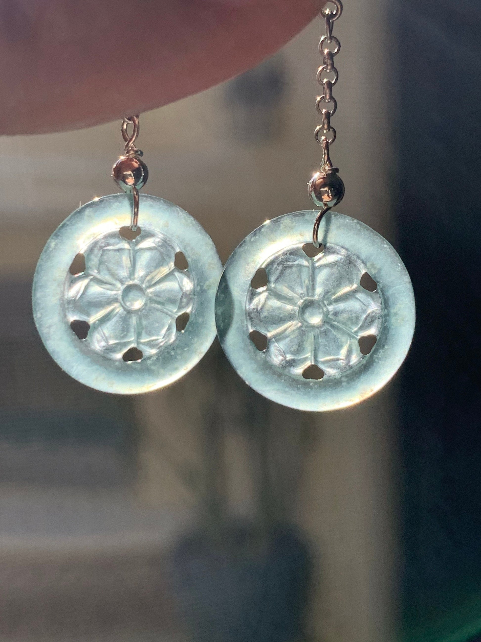 Natural Guatemalan Icy Highly Translucent Sky Blue Jadeite Carved Flower Dangle Earrings S925 Silver 天然危地马拉正高冰天空蓝翡翠银镶耳钩