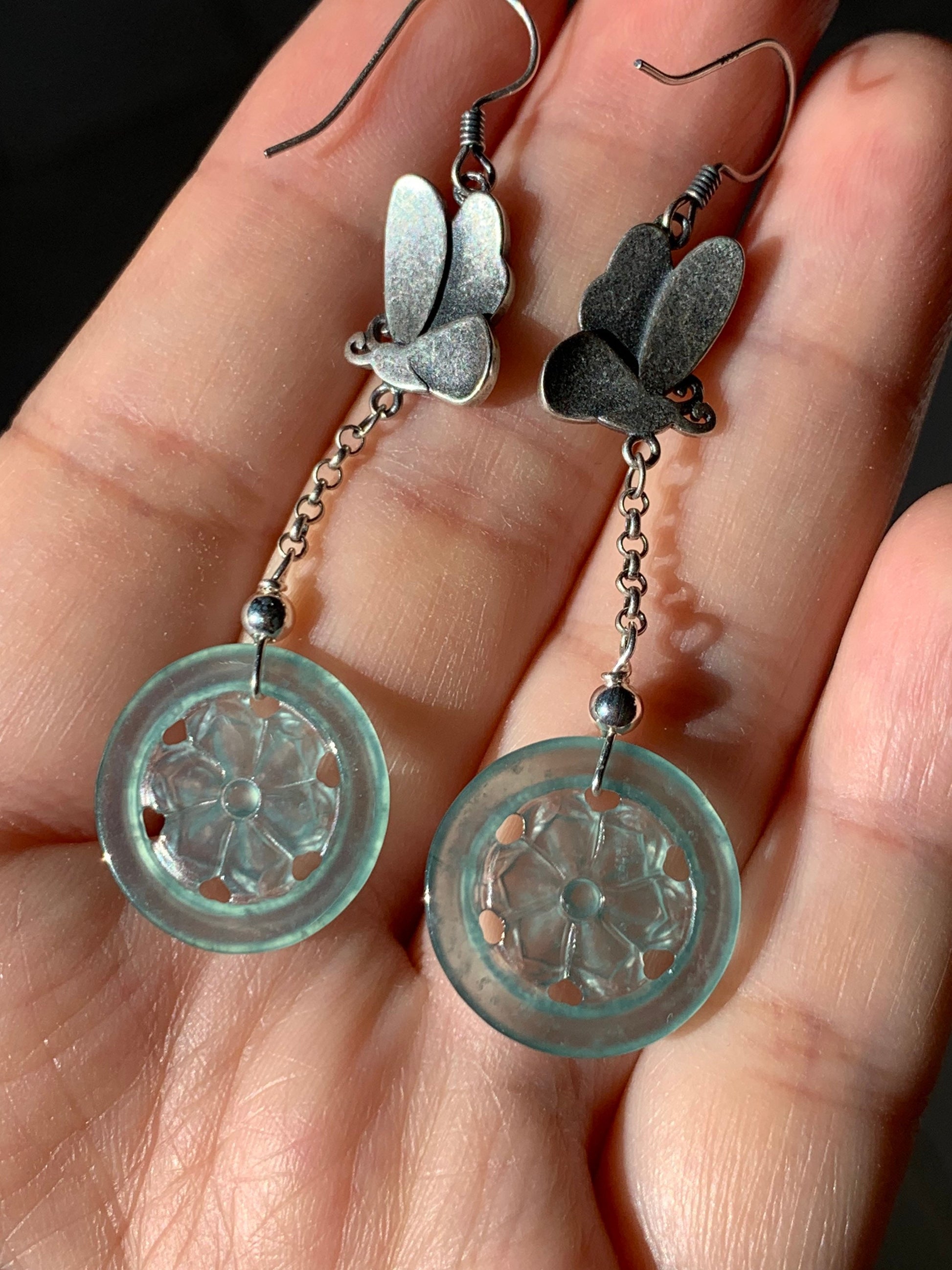 Natural Guatemalan Icy Highly Translucent Sky Blue Jadeite Carved Flower Dangle Earrings S925 Silver 天然危地马拉正高冰天空蓝翡翠银镶耳钩