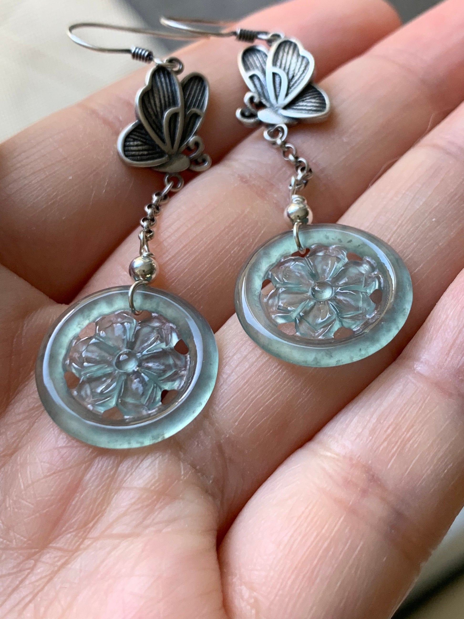 Natural Guatemalan Icy Highly Translucent Sky Blue Jadeite Carved Flower Dangle Earrings S925 Silver 天然危地马拉正高冰天空蓝翡翠银镶耳钩