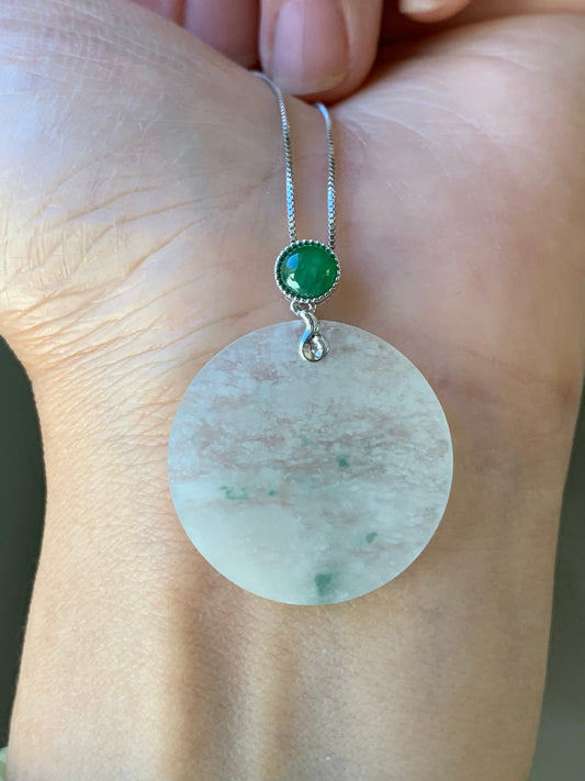 Certified Natural Burmese Moxisha Icy Jadeite Green Marbling Blessing Amulet Pendant Wu Shi Pai 18K Yellow Gold 天然缅甸莫西沙飘绿花翡翠无事牌镶嵌吊坠