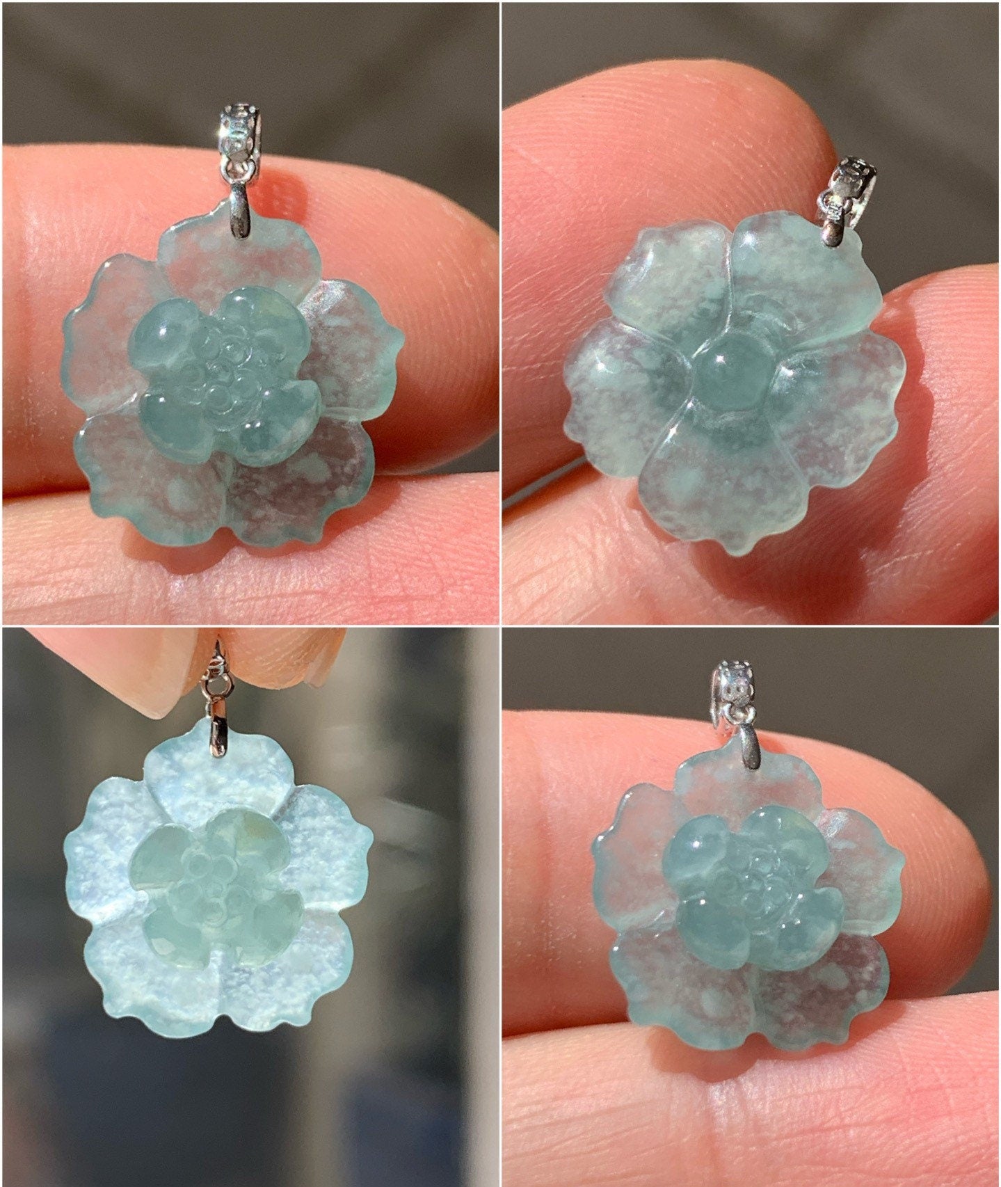 Natural Premium Highly Translucent Jadeite Carved Lotus Flower Pendant 18K White Gold 天然正高冰翡翠莲花镶嵌吊坠