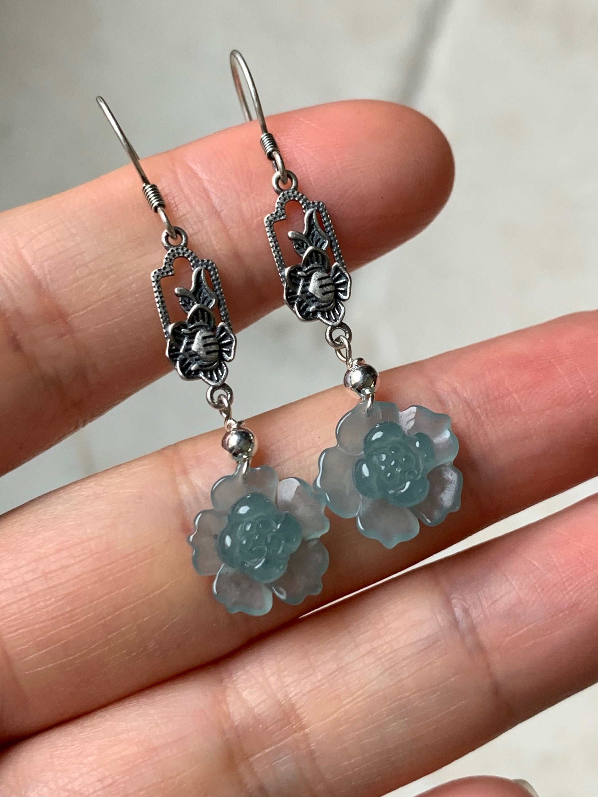 Natural Guatemalan Premium Highly Translucent Sky Blue Jadeite Carved Lotus Flower Dangle Earrings S925 Silver 天然危地马拉正冰天空蓝翡翠莲花银镶耳钩