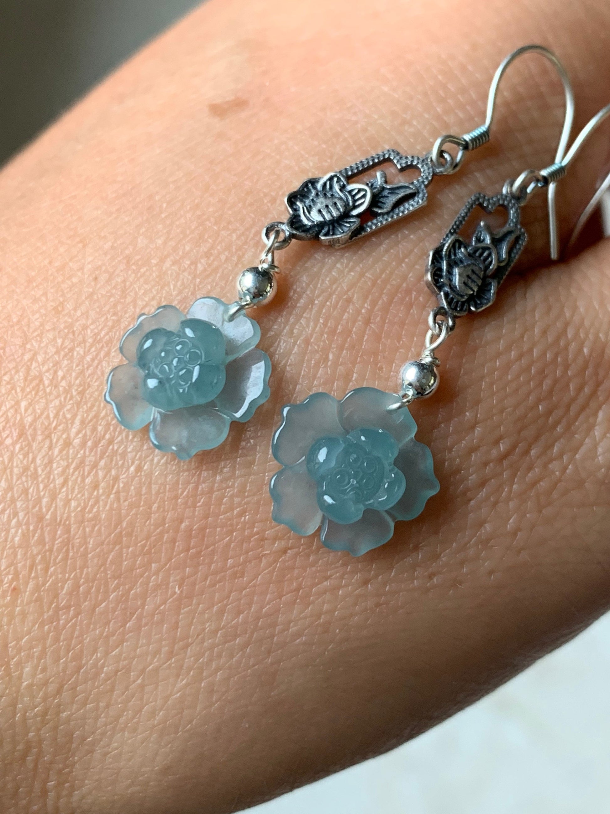 Natural Guatemalan Premium Highly Translucent Sky Blue Jadeite Carved Lotus Flower Dangle Earrings S925 Silver 天然危地马拉正冰天空蓝翡翠莲花银镶耳钩