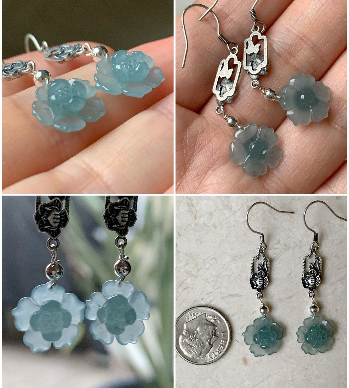 Natural Guatemalan Premium Highly Translucent Sky Blue Jadeite Carved Lotus Flower Dangle Earrings S925 Silver 天然危地马拉正冰天空蓝翡翠莲花银镶耳钩
