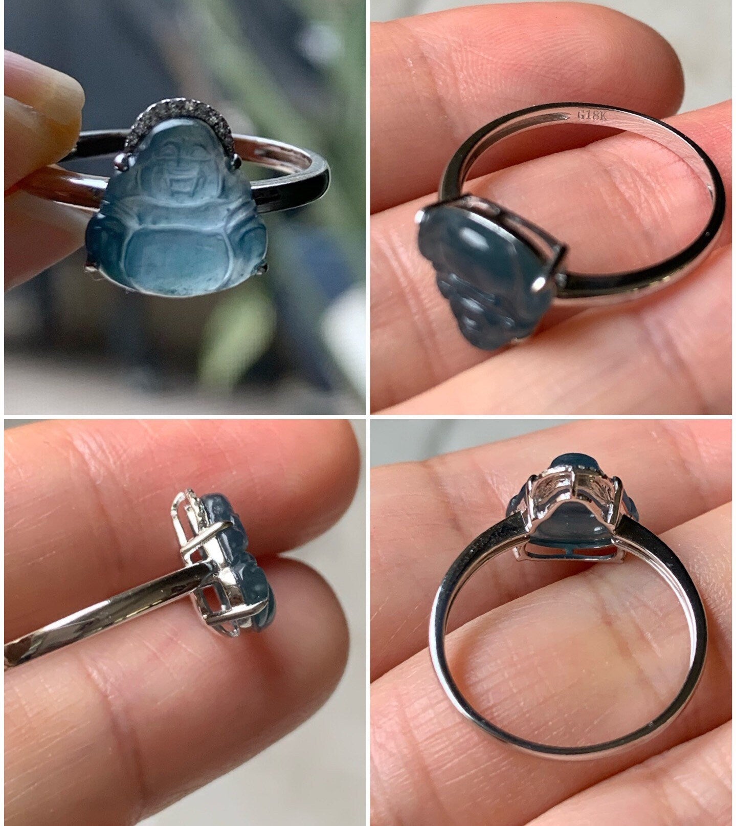 Certified Natural Guatemalan Highly Translucent Blue Jadeite Buddha & Diamond Ring 18K White Gold Size 7 天然高冰危蓝水翡翠佛公钻石镶嵌戒指