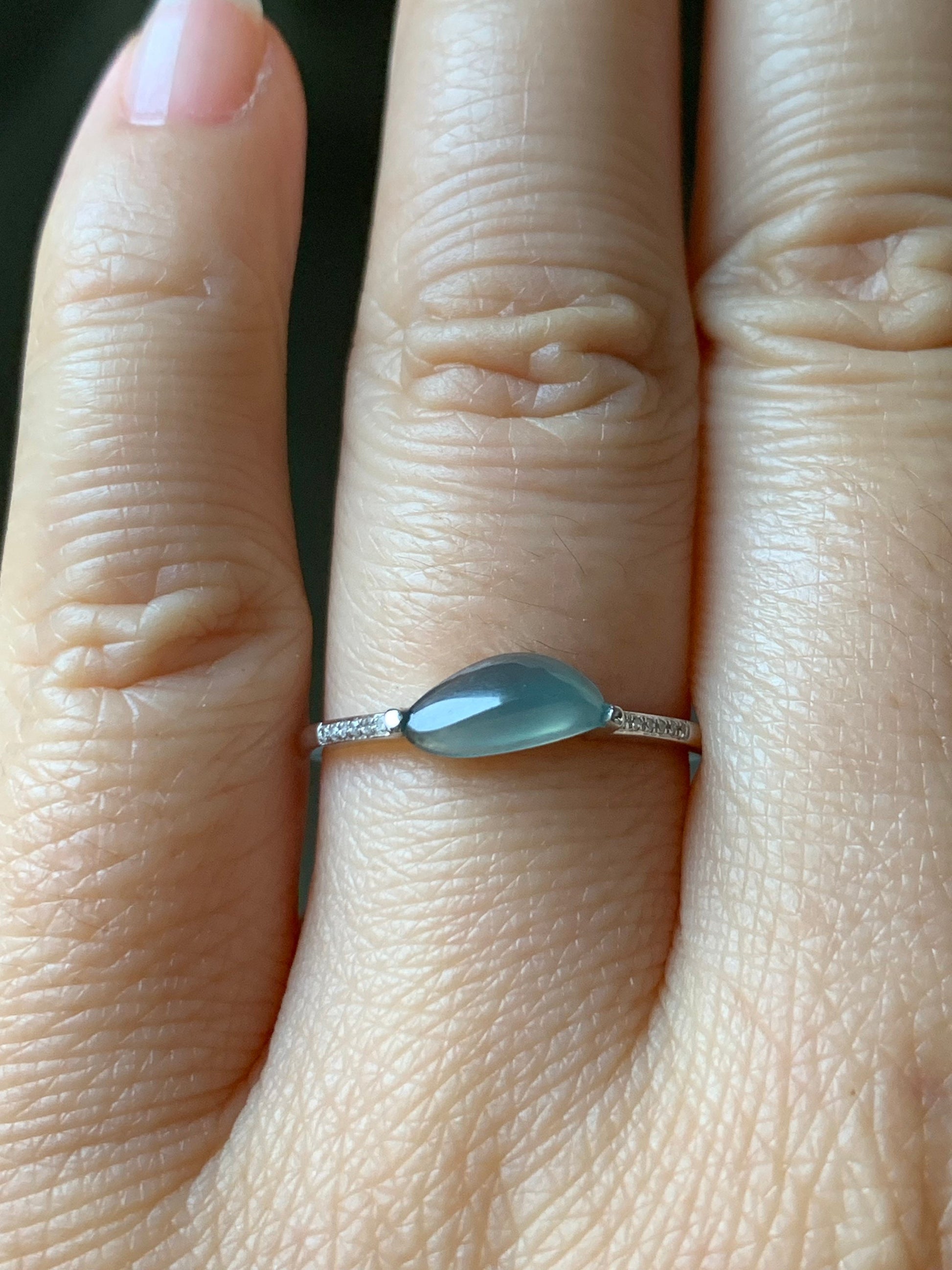Certified Burmese Icy Highly Translucent Green Jadeite Horse Eye Cut Ring in 18K White Gold with Diamonds Sz 7 天然缅甸正冰晴绿翡翠马眼钻石镶嵌戒指