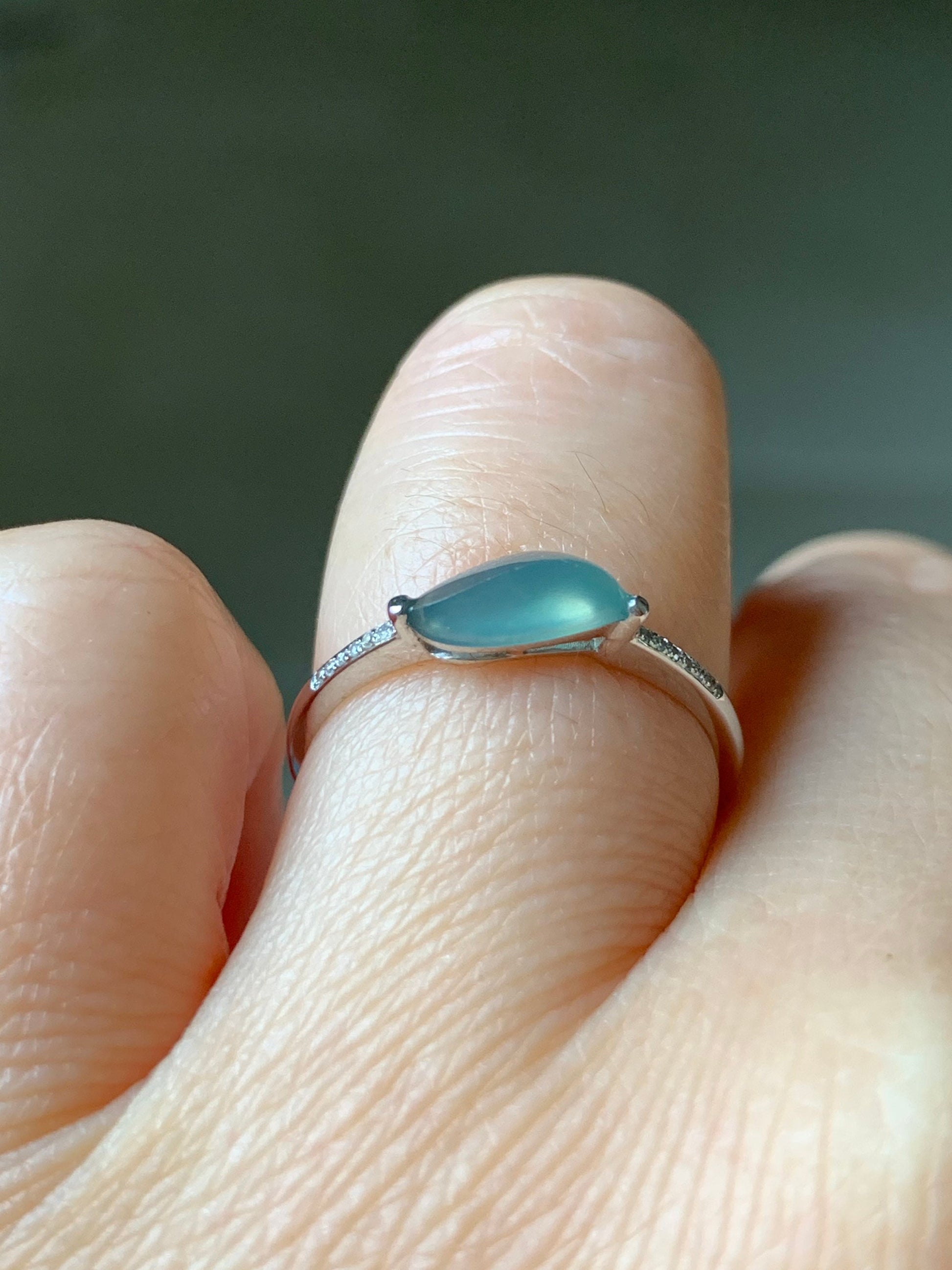 Certified Burmese Icy Highly Translucent Green Jadeite Horse Eye Cut Ring in 18K White Gold with Diamonds Sz 7 天然缅甸正冰晴绿翡翠马眼钻石镶嵌戒指