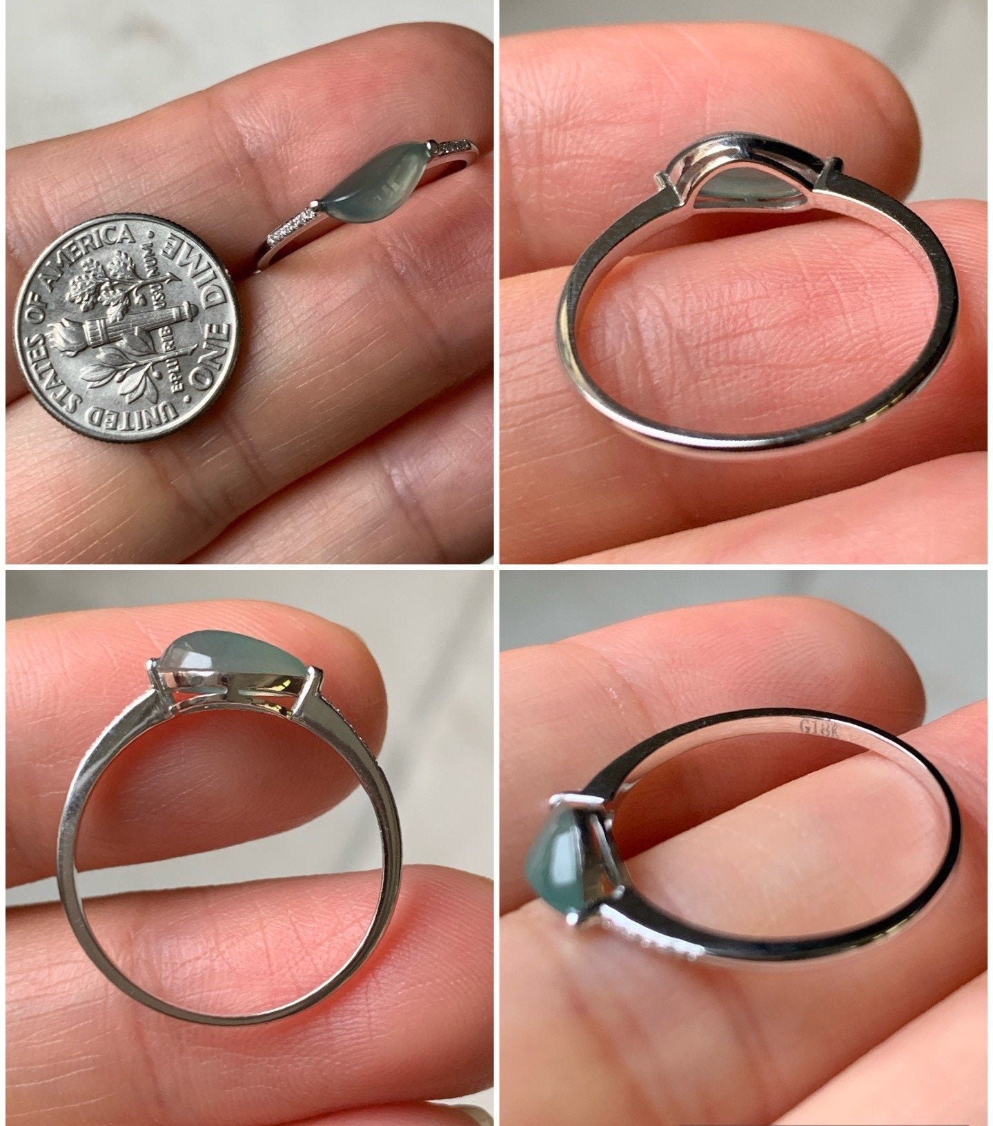Certified Burmese Icy Highly Translucent Green Jadeite Horse Eye Cut Ring in 18K White Gold with Diamonds Sz 7 天然缅甸正冰晴绿翡翠马眼钻石镶嵌戒指