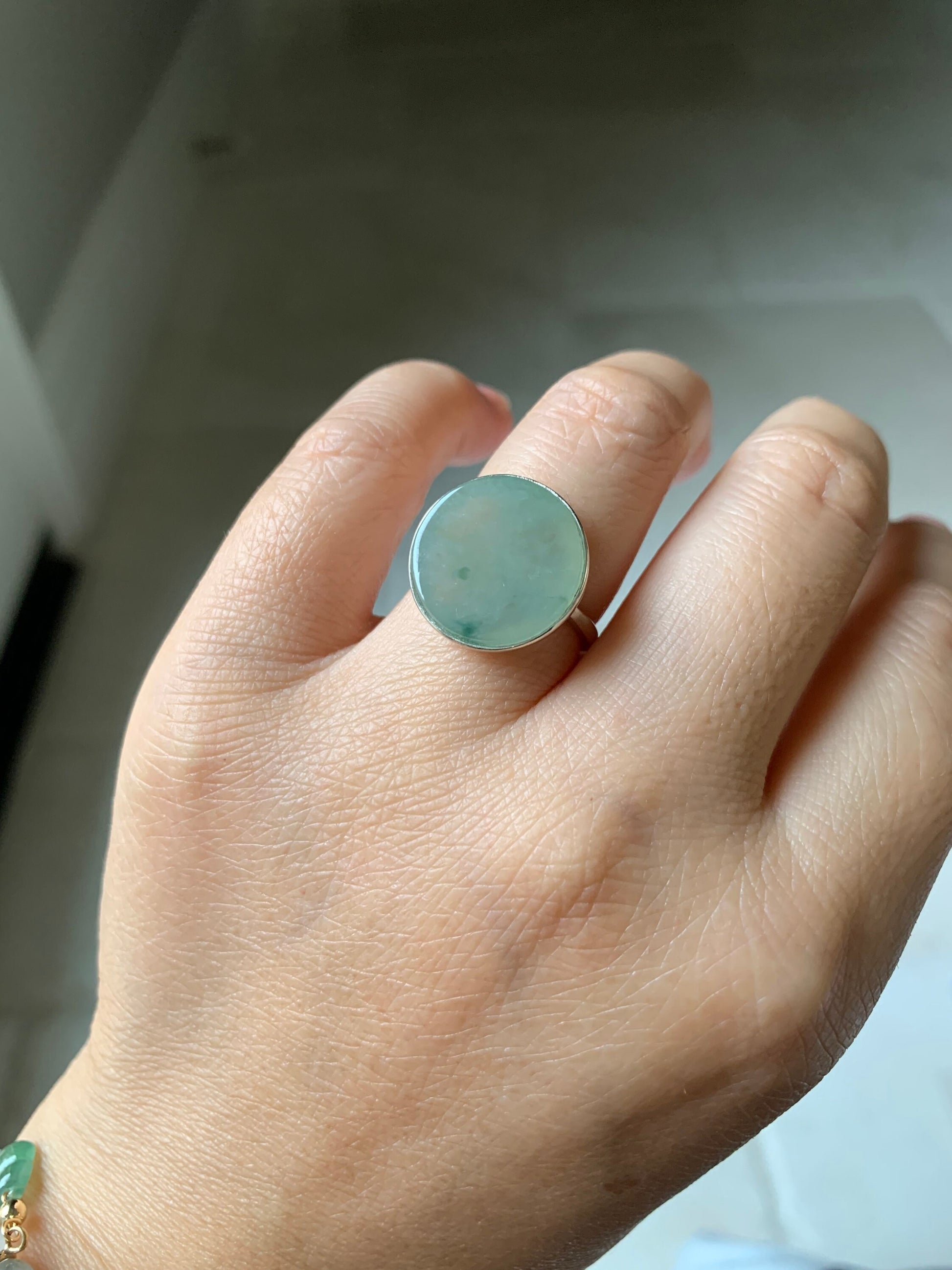 Huge Natural Burmese Icy Translucent Gelatinous Light Green w/ Green Marbling Jadeite Ring S925 Silver Size Adjustable 天然缅甸晴绿飘花翡翠无事牌银镶戒指 WSP