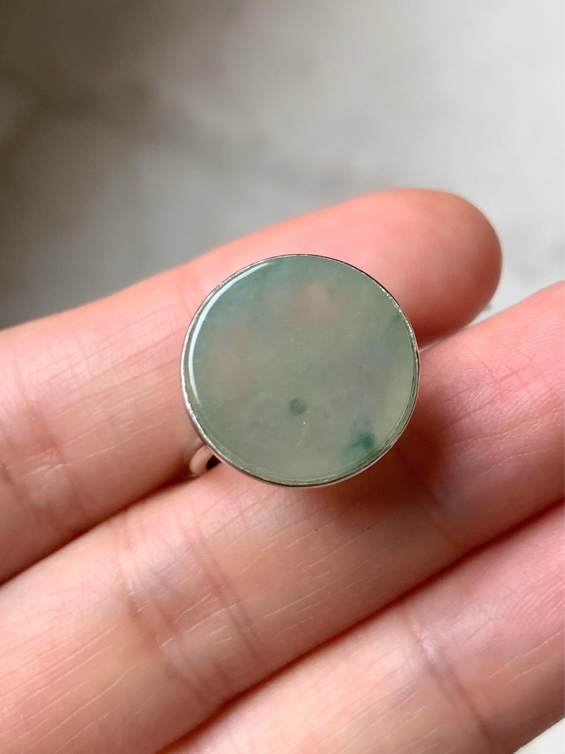 Huge Natural Burmese Icy Translucent Gelatinous Light Green w/ Green Marbling Jadeite Ring S925 Silver Size Adjustable 天然缅甸晴绿飘花翡翠无事牌银镶戒指 WSP