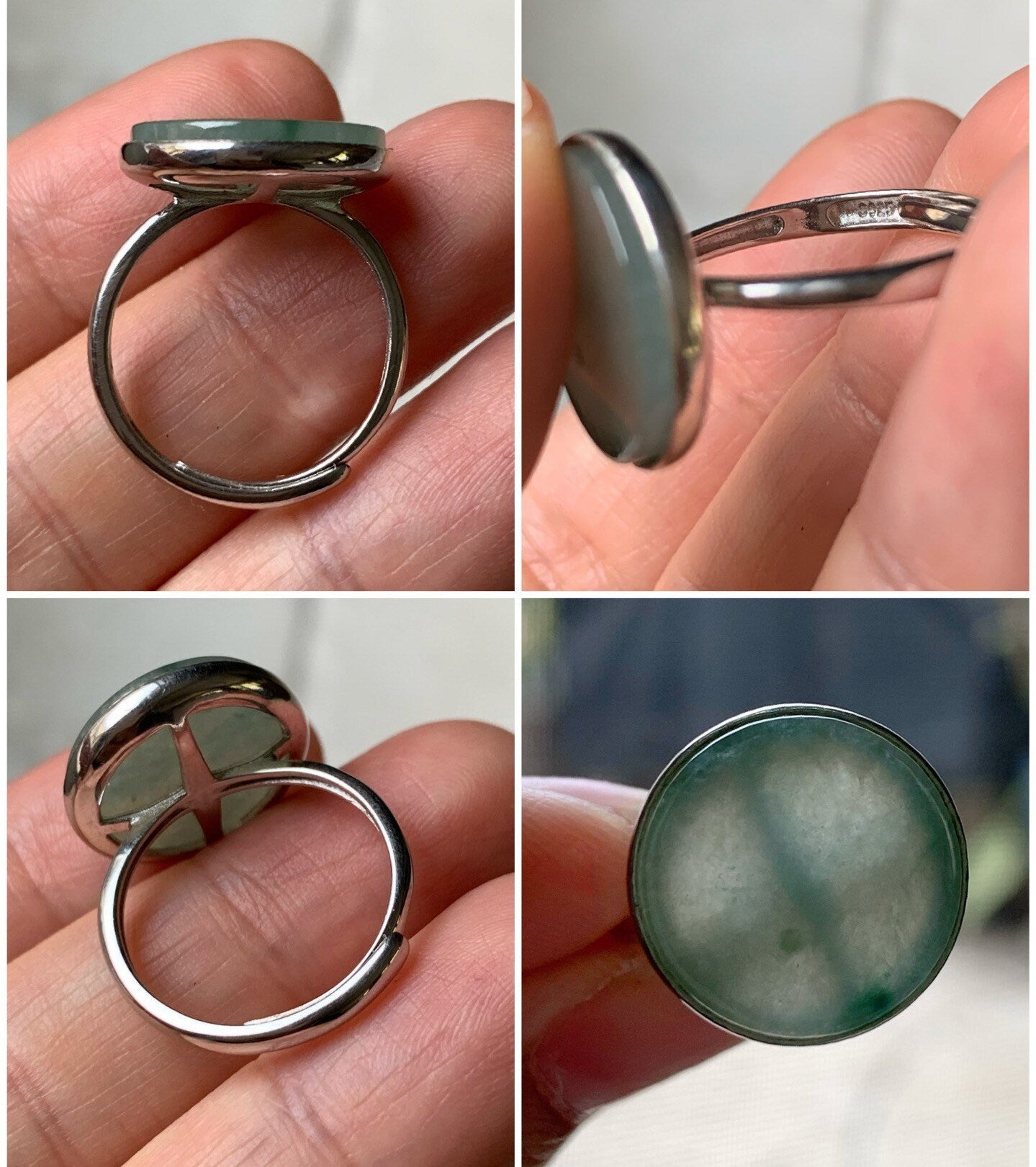 Huge Natural Burmese Icy Translucent Gelatinous Light Green w/ Green Marbling Jadeite Ring S925 Silver Size Adjustable 天然缅甸晴绿飘花翡翠无事牌银镶戒指 WSP