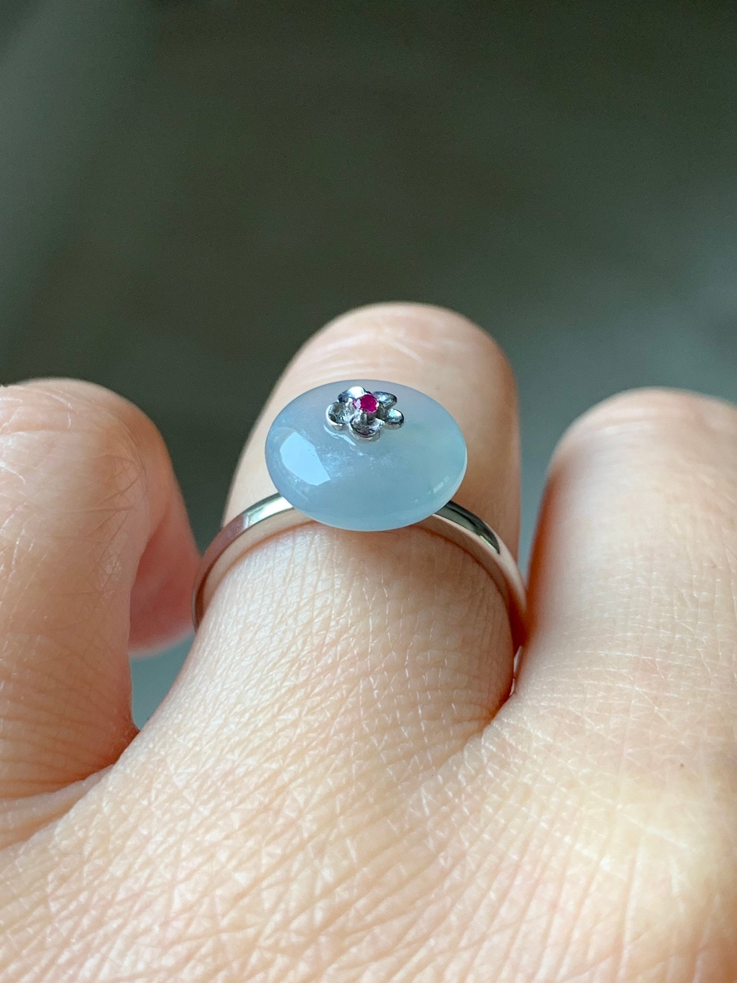 Certified Burmese Icy Highly Translucent Gelatinous Sky Blue Jadeite Button Ring 18K White Gold with Ruby Sz 7 天然缅甸正冰天空蓝平安扣翡翠红宝石镶嵌戒指