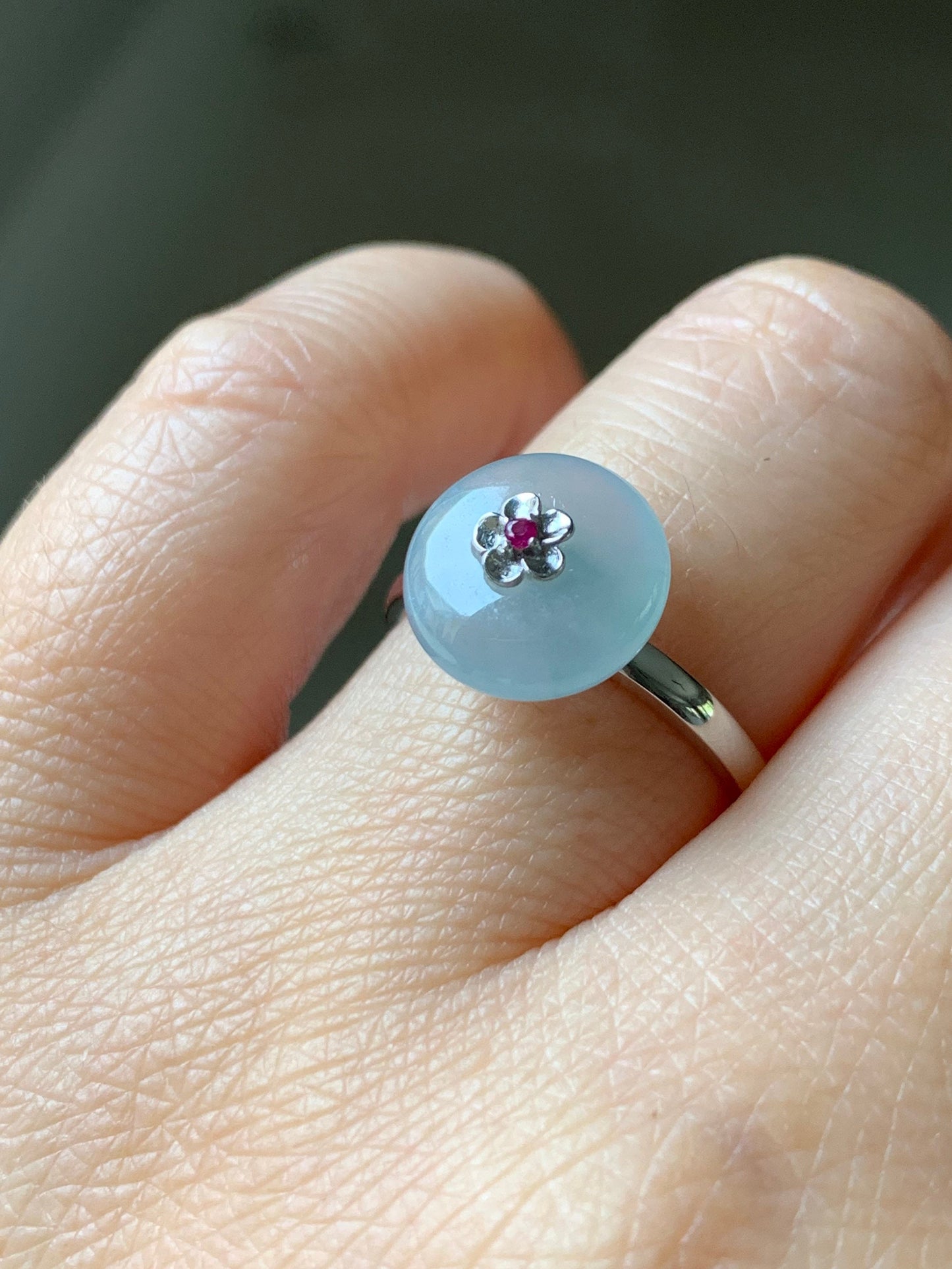 Certified Burmese Icy Highly Translucent Gelatinous Sky Blue Jadeite Button Ring 18K White Gold with Ruby Sz 7 天然缅甸正冰天空蓝平安扣翡翠红宝石镶嵌戒指