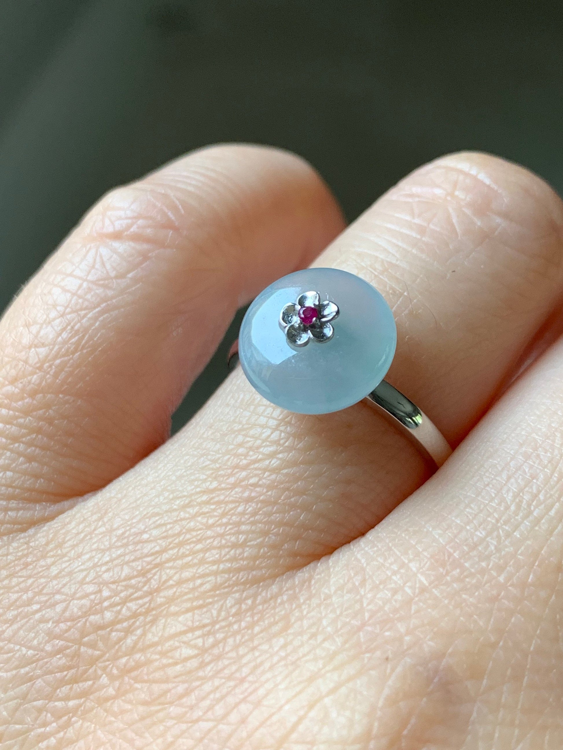 Certified Burmese Icy Highly Translucent Gelatinous Sky Blue Jadeite Button Ring 18K White Gold with Ruby Sz 7 天然缅甸正冰天空蓝平安扣翡翠红宝石镶嵌戒指